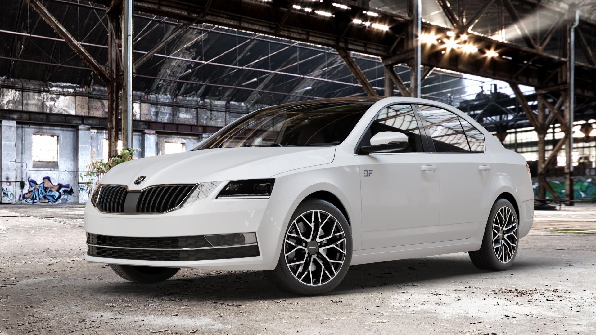 CARMANI 20 Ludwig black polish Felge mit Reifen schwarz in 17Zoll Winterfelge Alufelge auf weissem Skoda Octavia III Limousine Typ 5E Facelift ⬇️ mit 15mm Tieferlegung ⬇️ Old Industrial Hall_max_4400mm_2024 Frontansicht_1