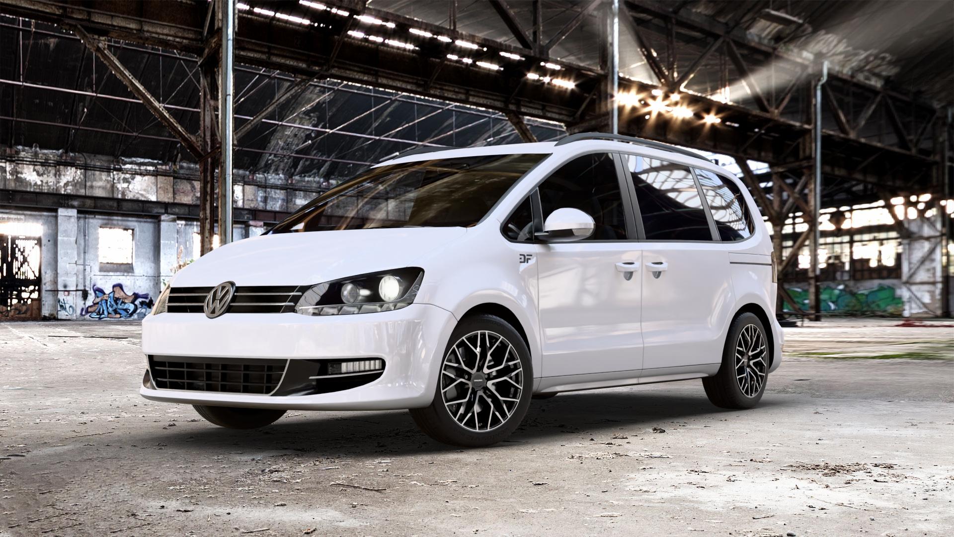 CARMANI 20 Ludwig black polish Felge mit Reifen schwarz in 17Zoll Winterfelge Alufelge auf weissem Volkswagen (VW) Sharan I Typ 7M II 7N ⬇️ mit 15mm Tieferlegung ⬇️ Old Industrial Hall_max_5300mm_2024 Frontansicht_1