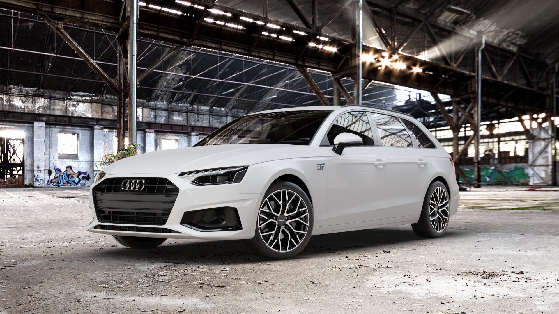 CARMANI 20 Ludwig black polish Felge mit Reifen schwarz in 18Zoll Winterfelge Alufelge auf weissem Audi A4 Typ B9 (Avant) Facelift ⬇️ mit 15mm Tieferlegung ⬇️ Old Industrial Hall_max_5300mm_2024 Frontansicht_1