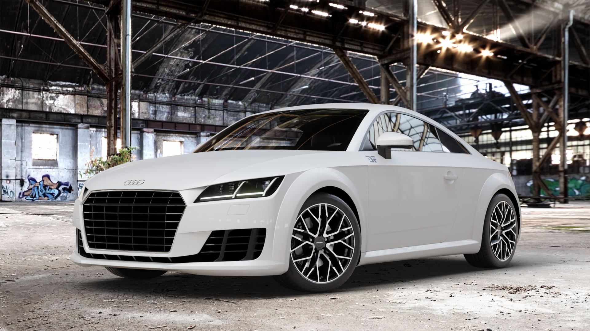 CARMANI 20 Ludwig black polish Felge mit Reifen schwarz in 18Zoll Winterfelge Alufelge auf weissem Audi TT III Typ 8S (Coupé) (Roadster) ⬇️ mit 15mm Tieferlegung ⬇️ Old Industrial Hall_max_4400mm_2024 Frontansicht_1