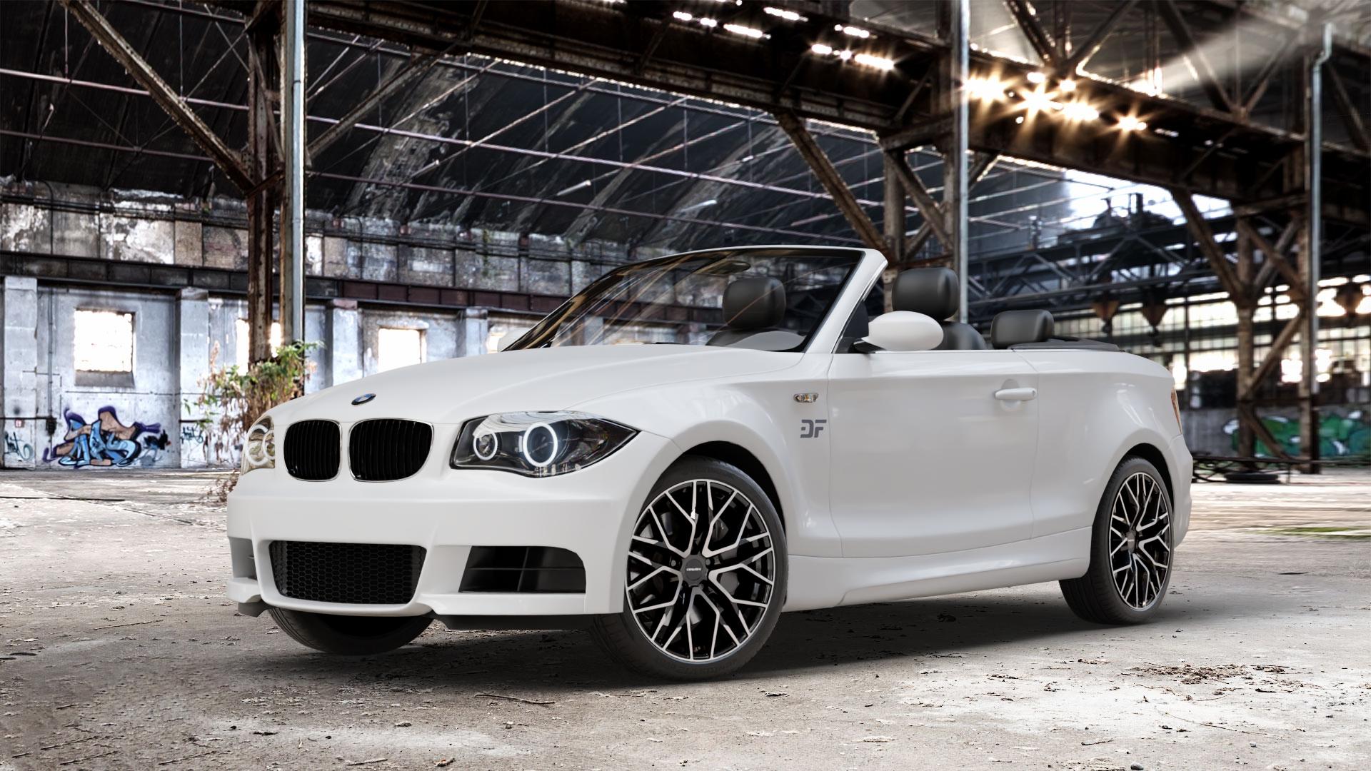 CARMANI 20 Ludwig black polish Felge mit Reifen schwarz in 18Zoll Winterfelge Alufelge auf weissem BMW 118i Typ E88 (Cabriolet) 120d 120i 125i 135i 123d 118d 1er Cabrio (182, 1C) ⬇️ mit 15mm Tieferlegung ⬇️ Old Industrial Hall_max_4400mm_2024 Frontansicht_1