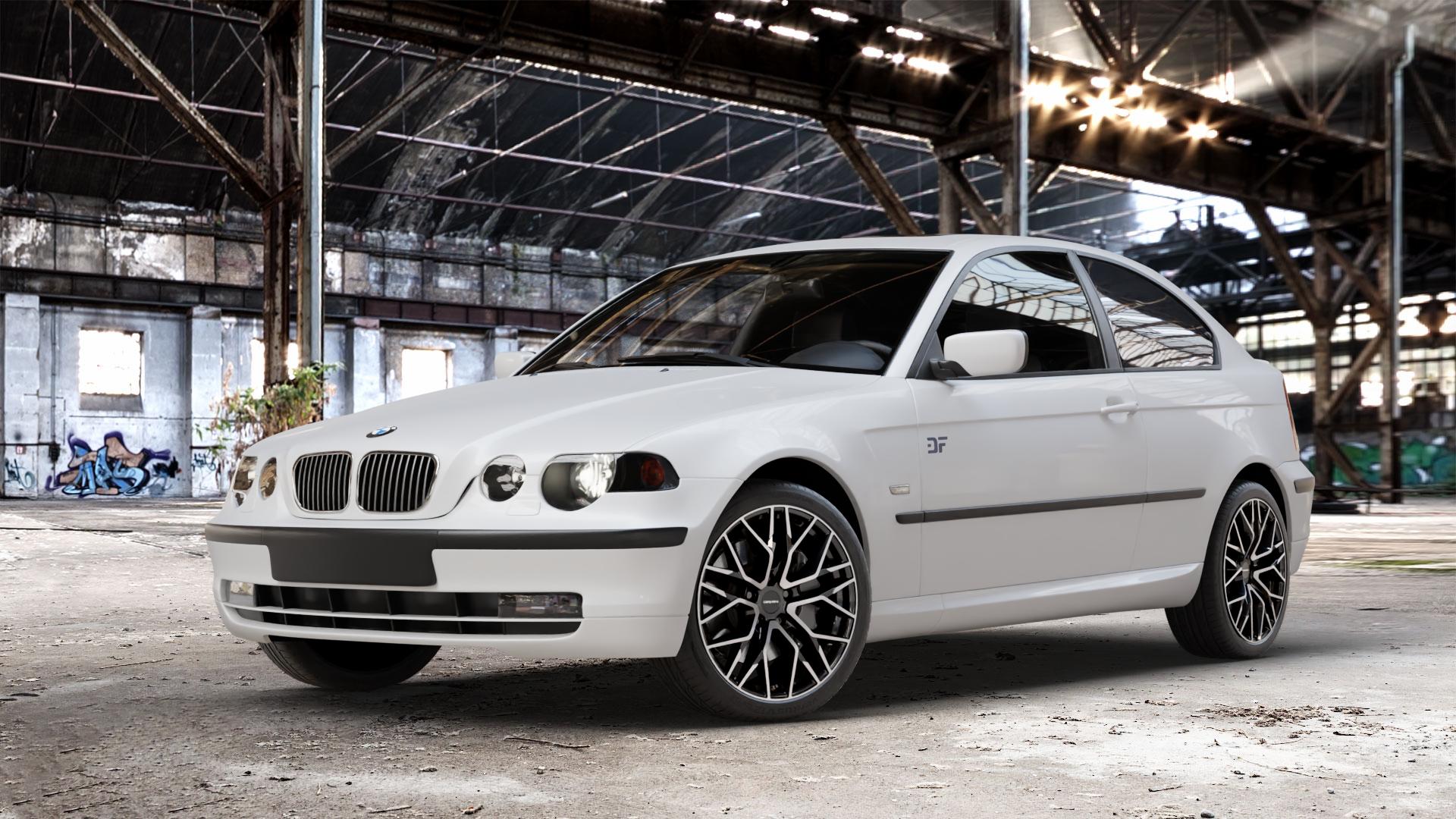 CARMANI 20 Ludwig black polish Felge mit Reifen schwarz in 18Zoll Winterfelge Alufelge auf weissem BMW 316ti Typ E46 (Compact) 318ti 325ti 318td 320td 3er Compact (346K) ⬇️ mit 15mm Tieferlegung ⬇️ Old Industrial Hall_max_4400mm_2024 Frontansicht_1