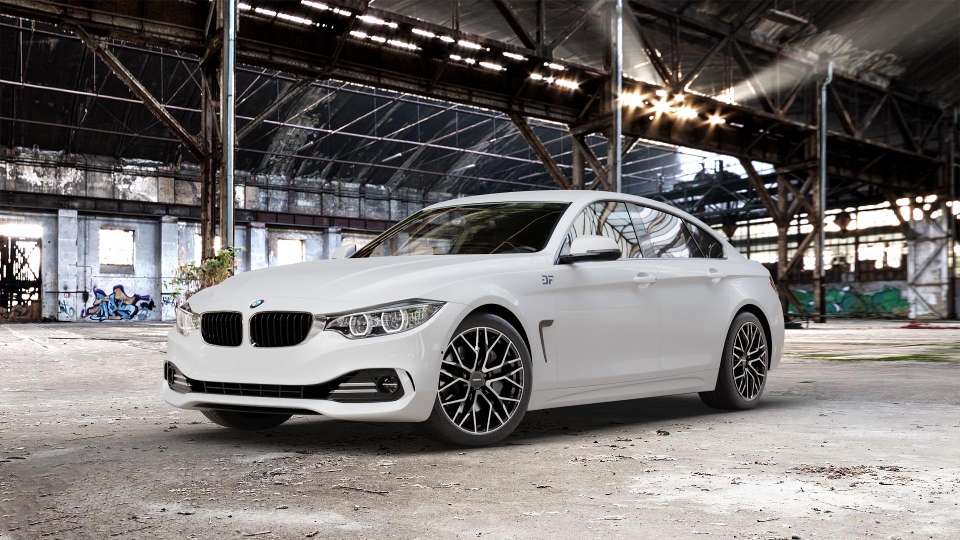 CARMANI 20 Ludwig black polish Felge mit Reifen schwarz in 18Zoll Winterfelge Alufelge auf weissem BMW 418d Typ F36 (Gran Coupe) 420d xDrive 420i 428i 435i 430d 440i 418i 430i 425d 4er Gran Coupe (3C) ⬇️ mit 15mm Tieferlegung ⬇️ Old Industrial Hall_max_5300mm_2024 Frontansicht_1