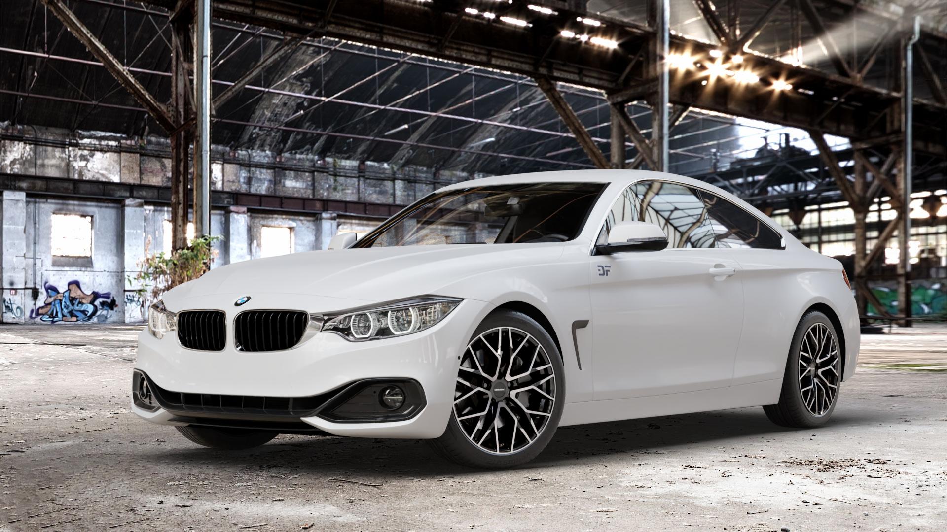 CARMANI 20 Ludwig black polish Felge mit Reifen schwarz in 18Zoll Winterfelge Alufelge auf weissem BMW 420d Typ F32 (Coupé) 428i xDrive 435i 430d 420i 435d 425d F36 (Gran Coupe) 418d 418i 430i 440i 4er Coupé (3C) ⬇️ mit 15mm Tieferlegung ⬇️ Old Industrial Hall_max_4400mm_2024 Frontansicht_1