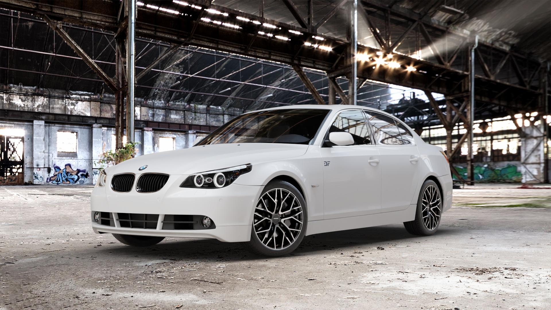 CARMANI 20 Ludwig black polish Felge mit Reifen schwarz in 18Zoll Winterfelge Alufelge auf weissem BMW 520i Typ E60 (Limousine) 525i 530i 530d 525d M5 535d 545i 523i 540i 550i 520d 525xd 530xd 530xi 525xi 5er Limousine (560L, 560X) ⬇️ mit 15mm Tieferlegung ⬇️ Old Industrial Hall_max_5300mm_2024 Frontansicht_1