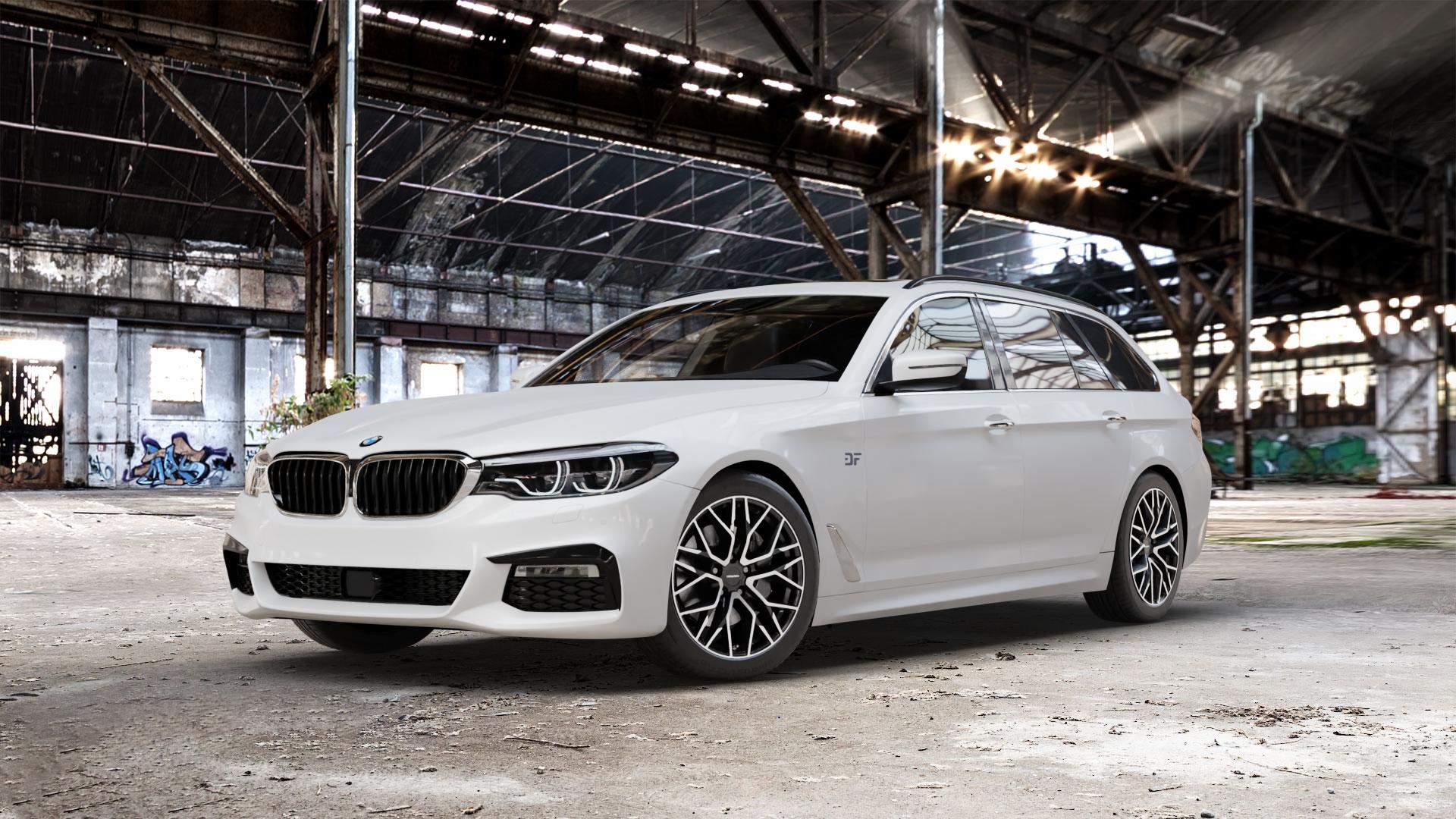 CARMANI 20 Ludwig black polish Felge mit Reifen schwarz in 18Zoll Winterfelge Alufelge auf weissem BMW M5 Typ F90 (Limousine) Facelift 5er G31 Touring (G5K) ⬇️ mit 15mm Tieferlegung ⬇️ Old Industrial Hall_max_5300mm_2024 Frontansicht_1