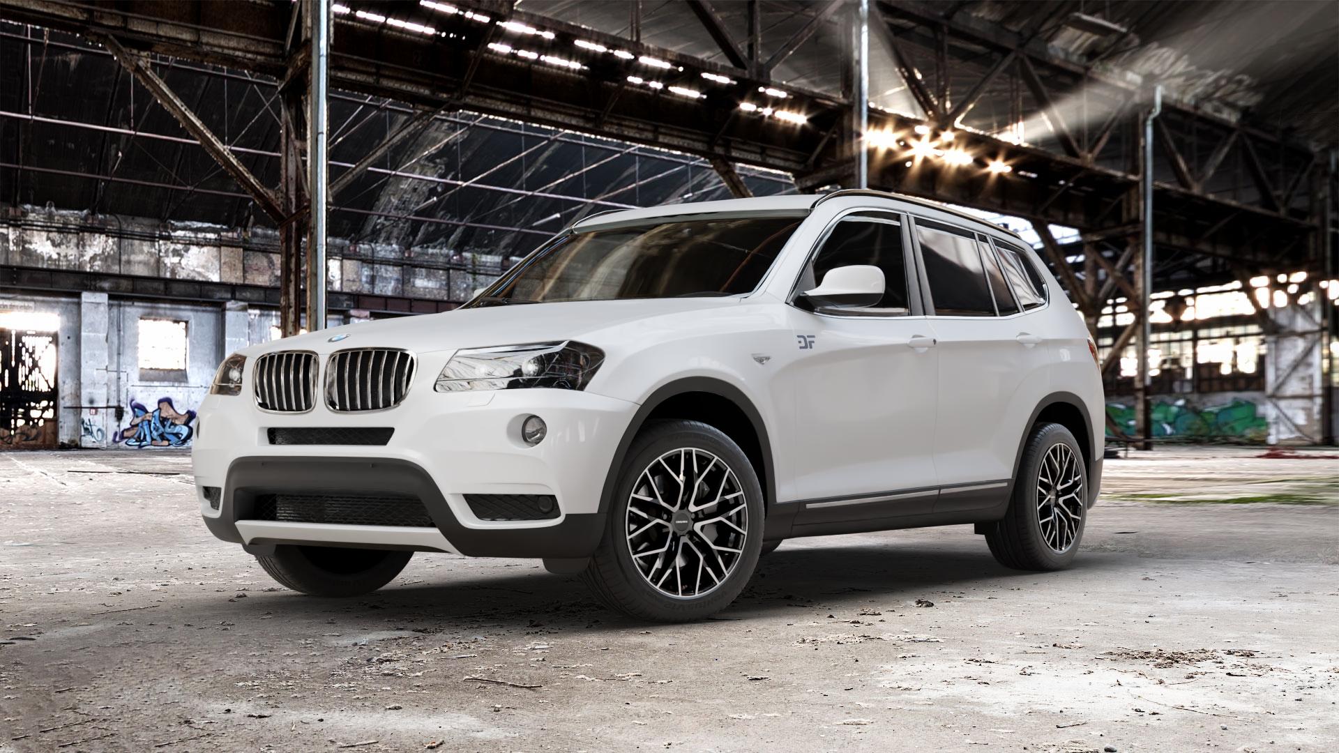 CARMANI 20 Ludwig black polish Felge mit Reifen schwarz in 18Zoll Winterfelge Alufelge auf weissem BMW X3 Typ F25 (X3, X-N1) ⬇️ mit 15mm Tieferlegung ⬇️ Old Industrial Hall_max_5300mm_2024 Frontansicht_1