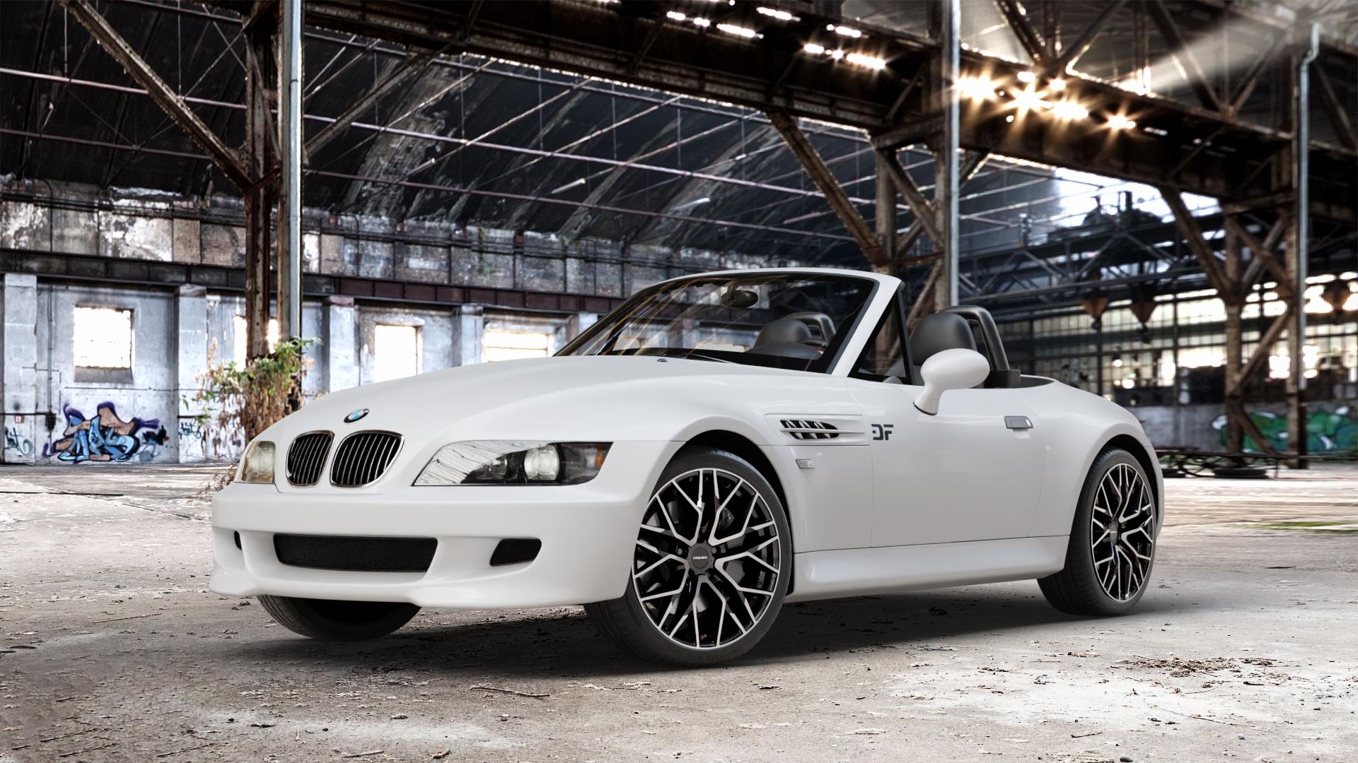 CARMANI 20 Ludwig black polish Felge mit Reifen schwarz in 18Zoll Winterfelge Alufelge auf weissem BMW Z3 Roadster Typ E36/7(S) (R/C) ⬇️ mit 15mm Tieferlegung ⬇️ Old Industrial Hall_max_4400mm_2024 Frontansicht_1