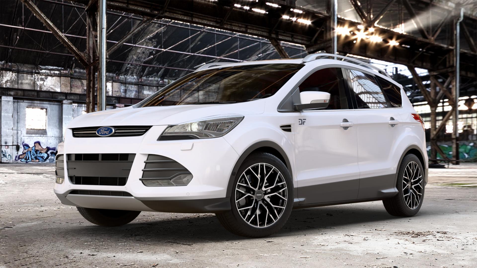 CARMANI 20 Ludwig black polish Felge mit Reifen schwarz in 18Zoll Winterfelge Alufelge auf weissem Ford Kuga II ⬇️ mit 15mm Tieferlegung ⬇️ Old Industrial Hall_max_4400mm_2024 Frontansicht_1