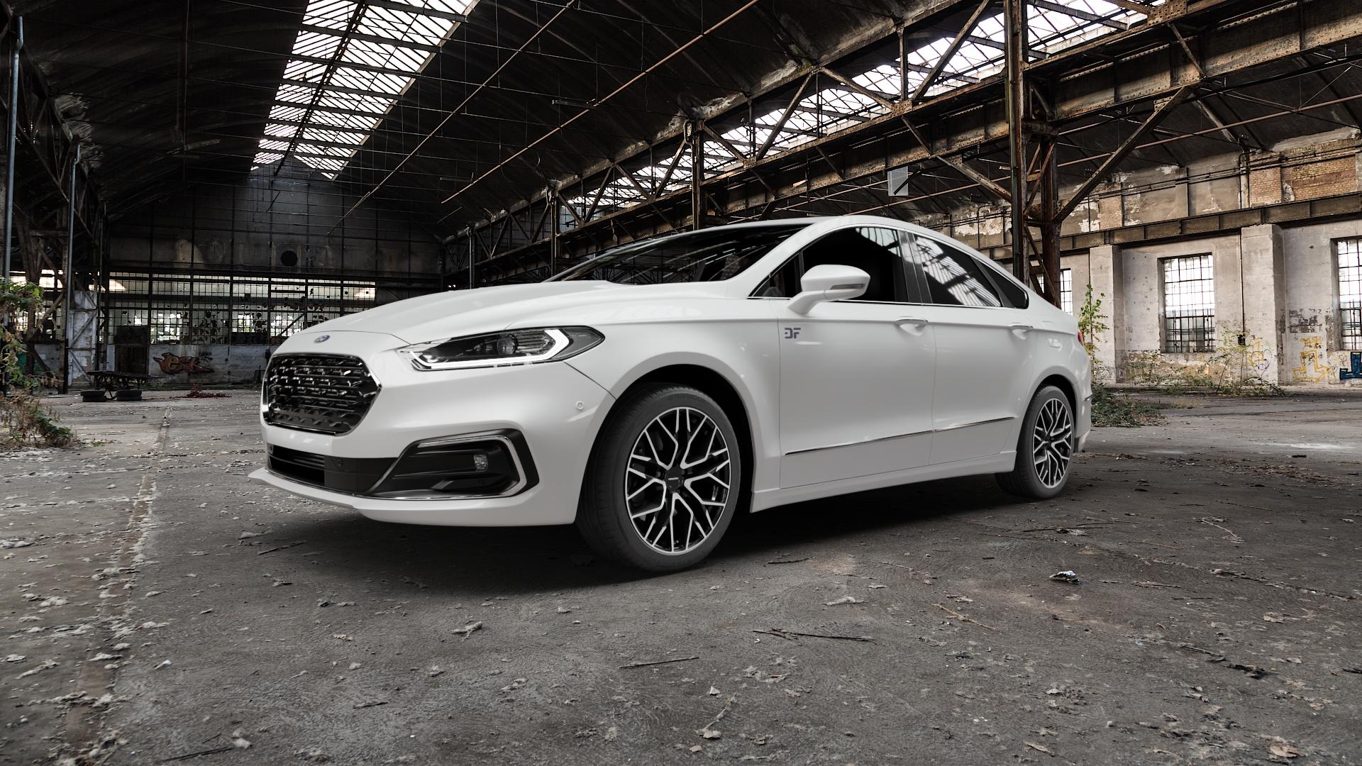 CARMANI 20 Ludwig black polish Felge mit Reifen schwarz in 18Zoll Winterfelge Alufelge auf weissem Ford Mondeo V Limousine Typ BA7 Facelift ⬇️ mit 15mm Tieferlegung ⬇️ Old Industrial Hall_max5000mm_2022 Frontansicht_1