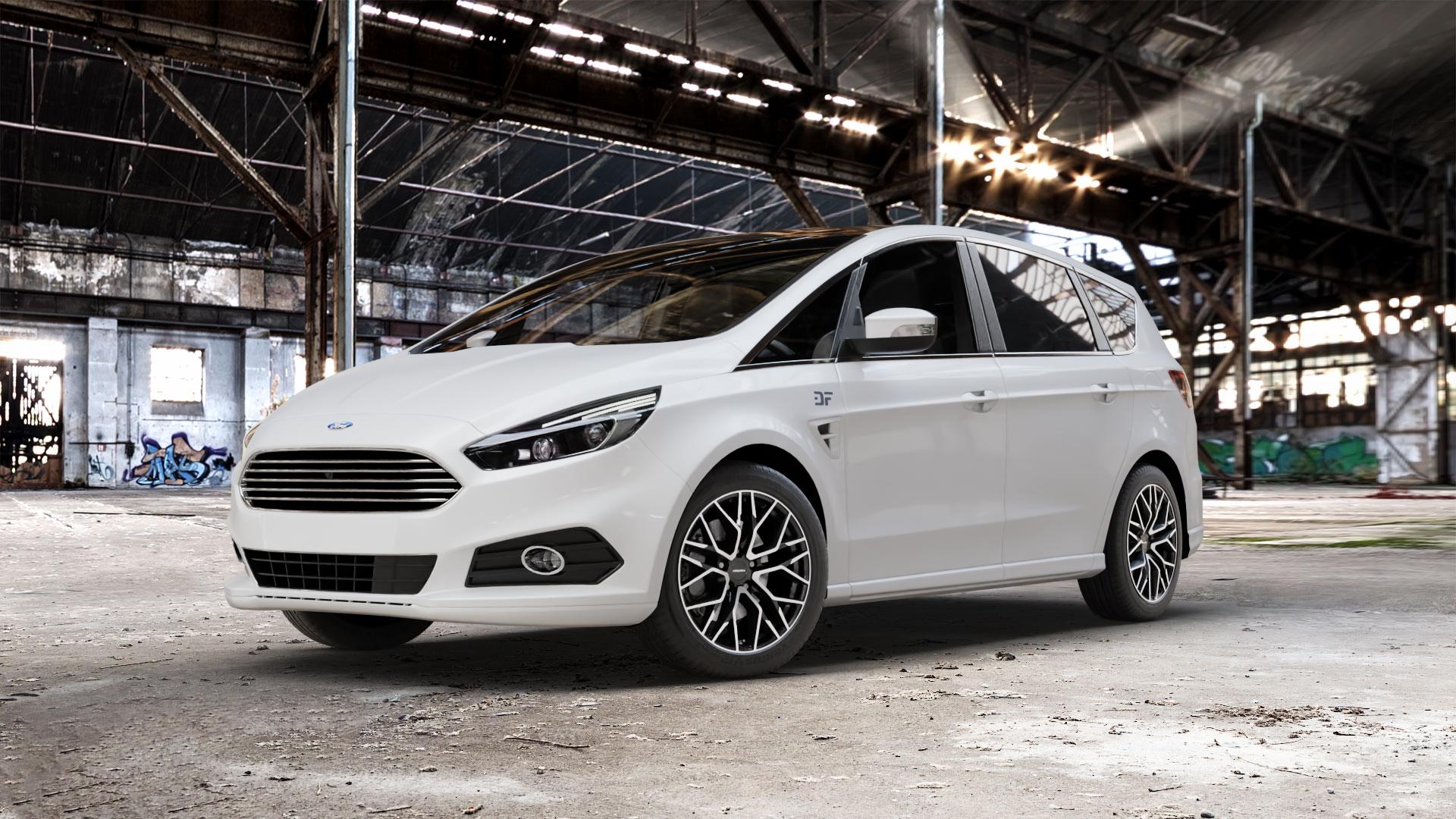 CARMANI 20 Ludwig black polish Felge mit Reifen schwarz in 18Zoll Winterfelge Alufelge auf weissem Ford S-Max Typ WA6 Facelift (15->) ⬇️ mit 15mm Tieferlegung ⬇️ Old Industrial Hall_max_5300mm_2024 Frontansicht_1