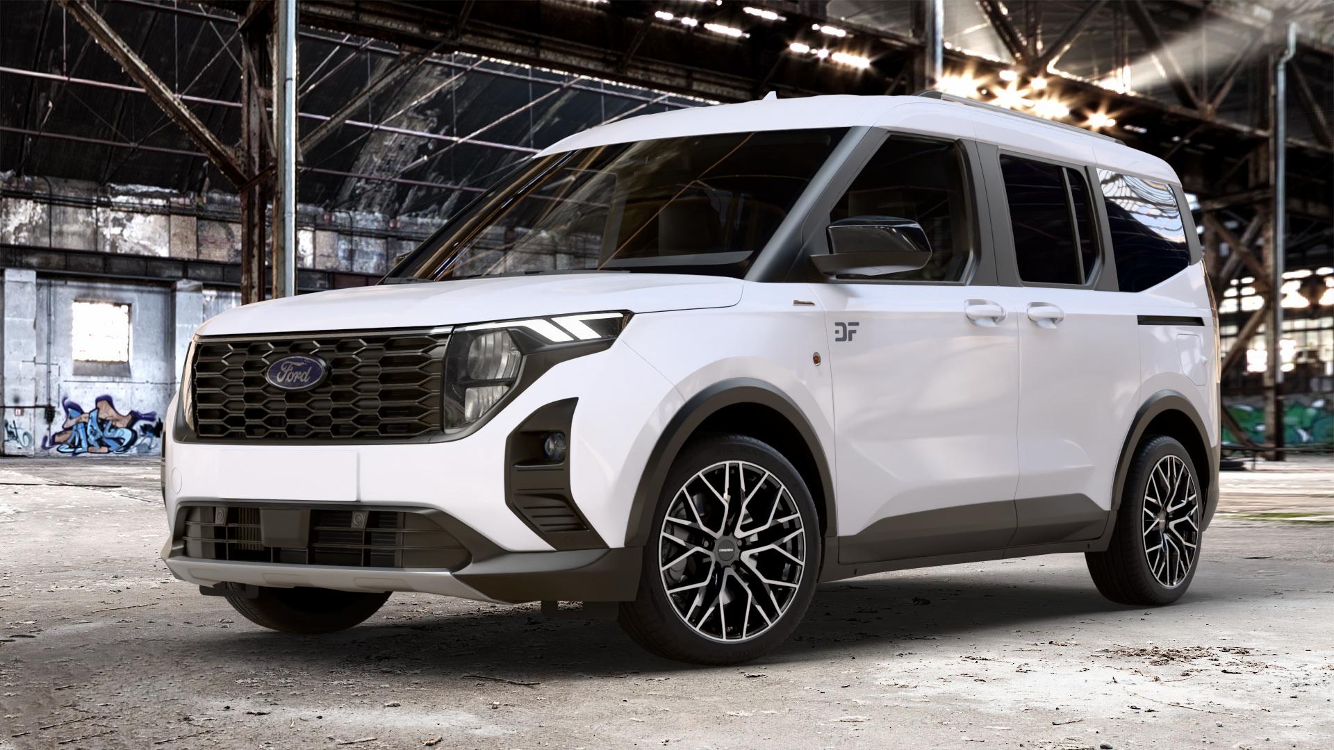 CARMANI 20 Ludwig black polish Felge mit Reifen schwarz in 18Zoll Winterfelge Alufelge auf weissem Ford Tourneo Courier Typ N3P 1,0l EcoBoost 92kW (125 PS) 74kW (101 1,5l EcoBlue 73kW (99 ⬇️ mit 15mm Tieferlegung ⬇️ Old Industrial Hall_max_4400mm_2024 Frontansicht_1