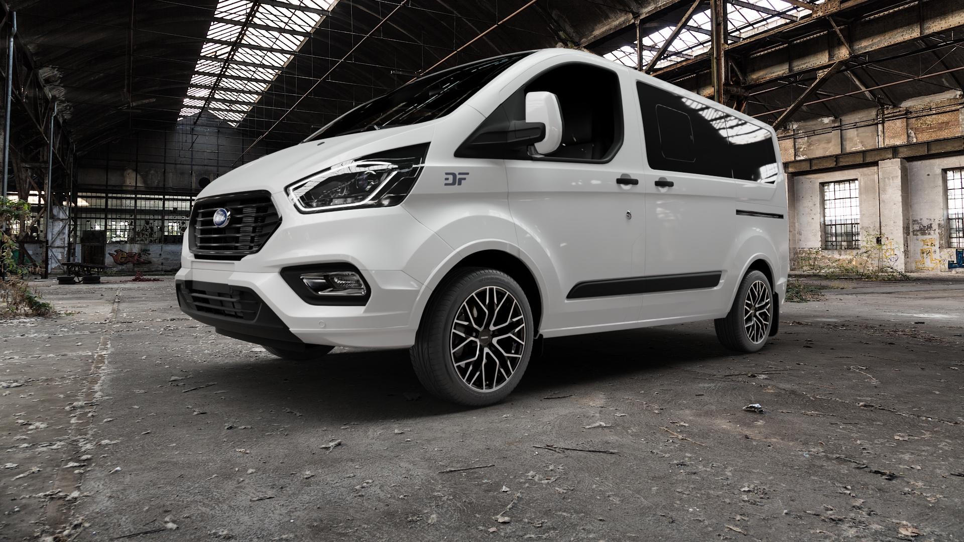CARMANI 20 Ludwig black polish Felge mit Reifen schwarz in 18Zoll Winterfelge Alufelge auf weissem Ford Transit Custom Typ FAC (19->) ⬇️ mit 15mm Tieferlegung ⬇️ Old Industrial Hall_max5000mm_2022 Frontansicht_1