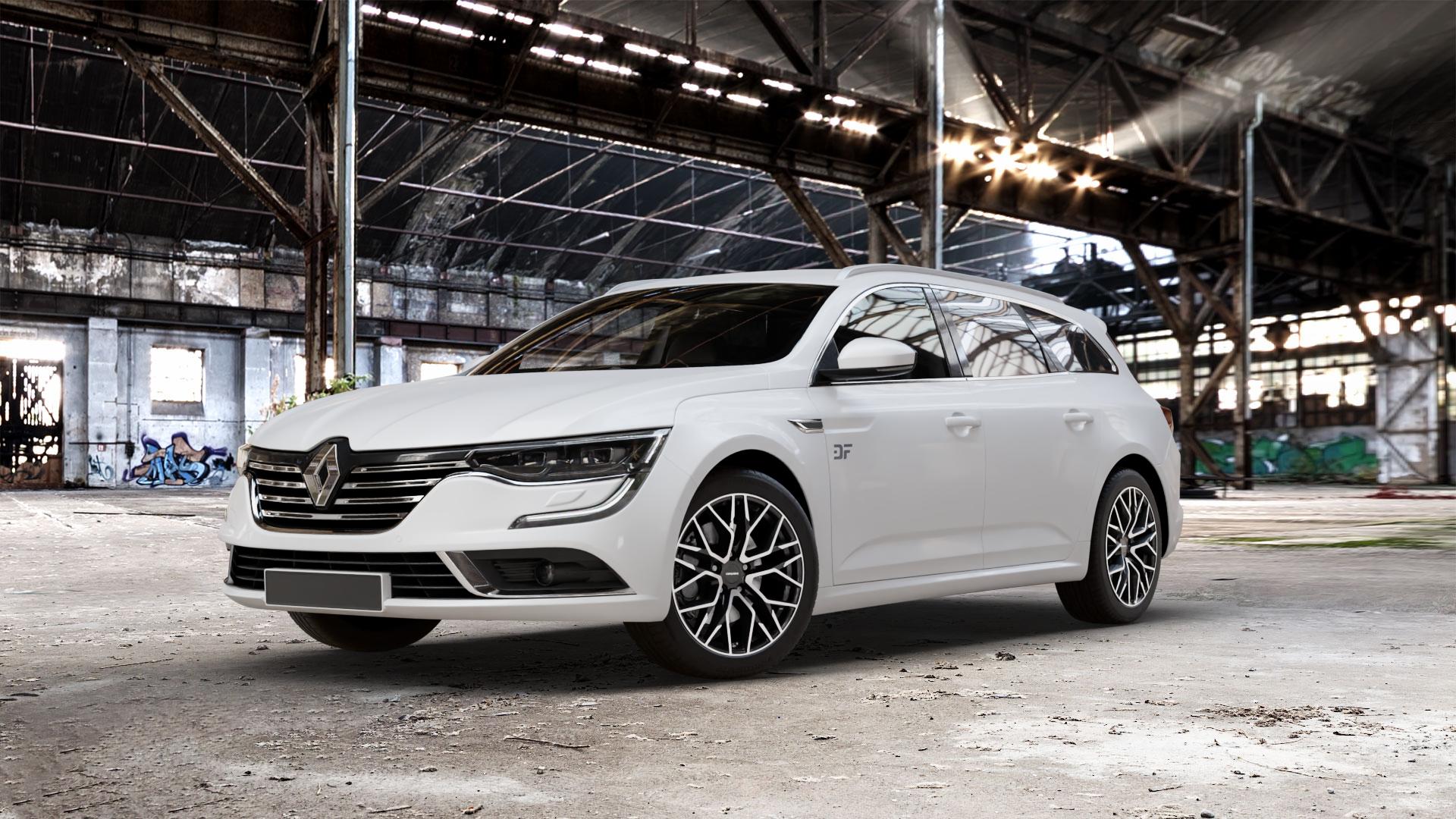 CARMANI 20 Ludwig black polish Felge mit Reifen schwarz in 18Zoll Winterfelge Alufelge auf weissem Renault Talisman Grandtour Typ RFD ⬇️ mit 15mm Tieferlegung ⬇️ Old Industrial Hall_max_5300mm_2024 Frontansicht_1