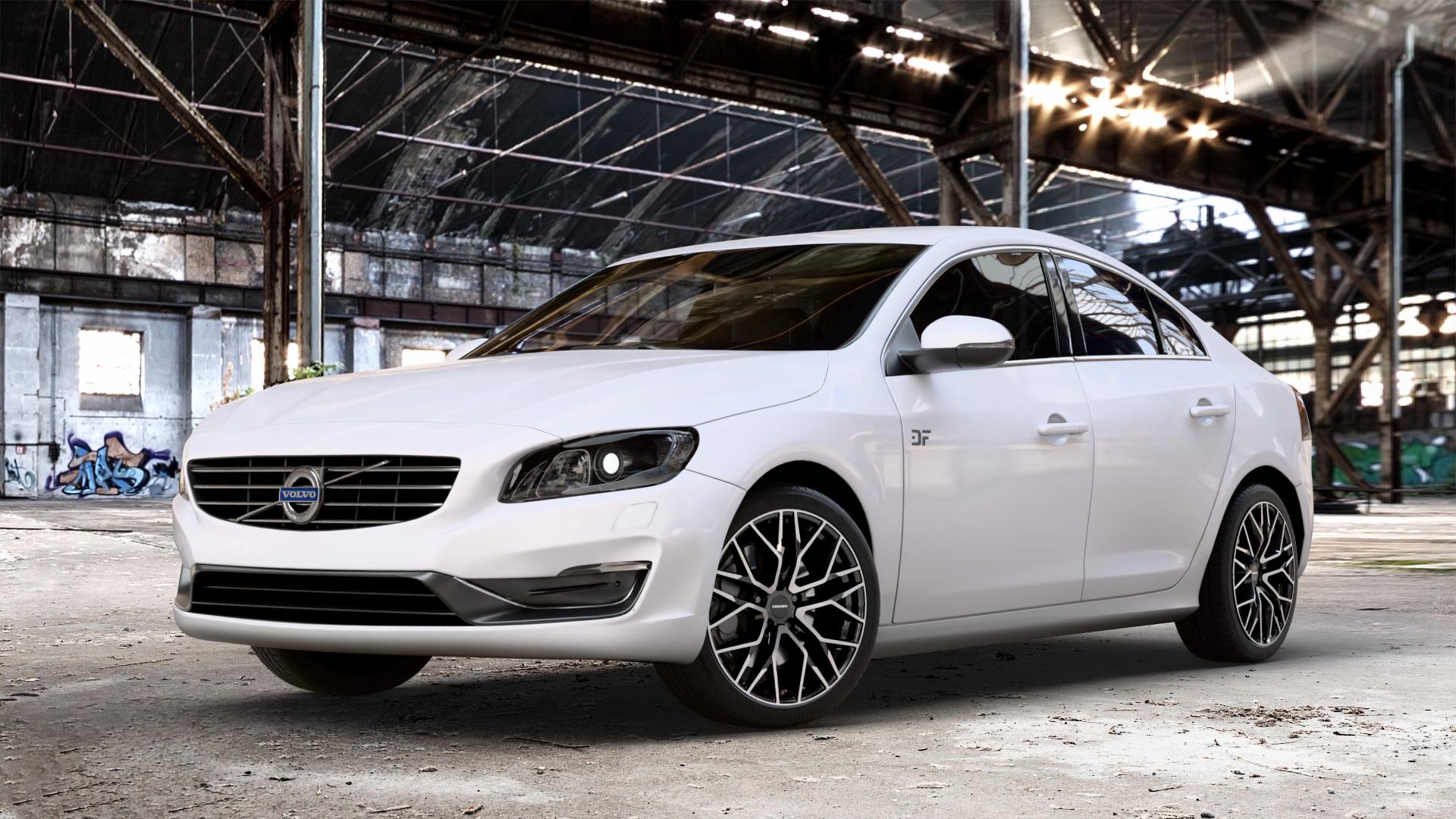 CARMANI 20 Ludwig black polish Felge mit Reifen schwarz in 18Zoll Winterfelge Alufelge auf weissem Volvo S60 II Typ F ⬇️ mit 15mm Tieferlegung ⬇️ Old Industrial Hall_max_4400mm_2024 Frontansicht_1