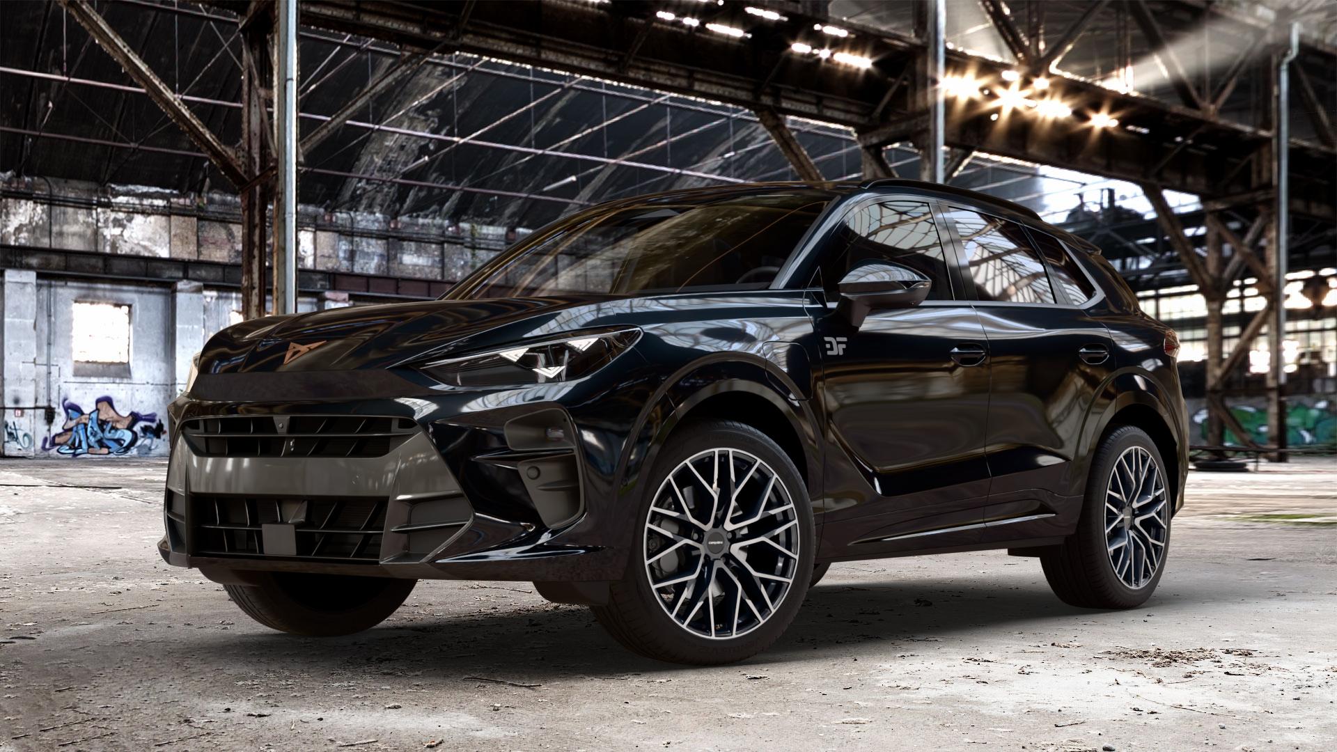 CARMANI 20 Ludwig black polish Felge mit Reifen schwarz in 19Zoll Winterfelge Alufelge auf metallic schwarzem Cupra Terramar Typ KP ⬇️ mit 15mm Tieferlegung ⬇️ Old Industrial Hall_max_4400mm_2024 Frontansicht_1