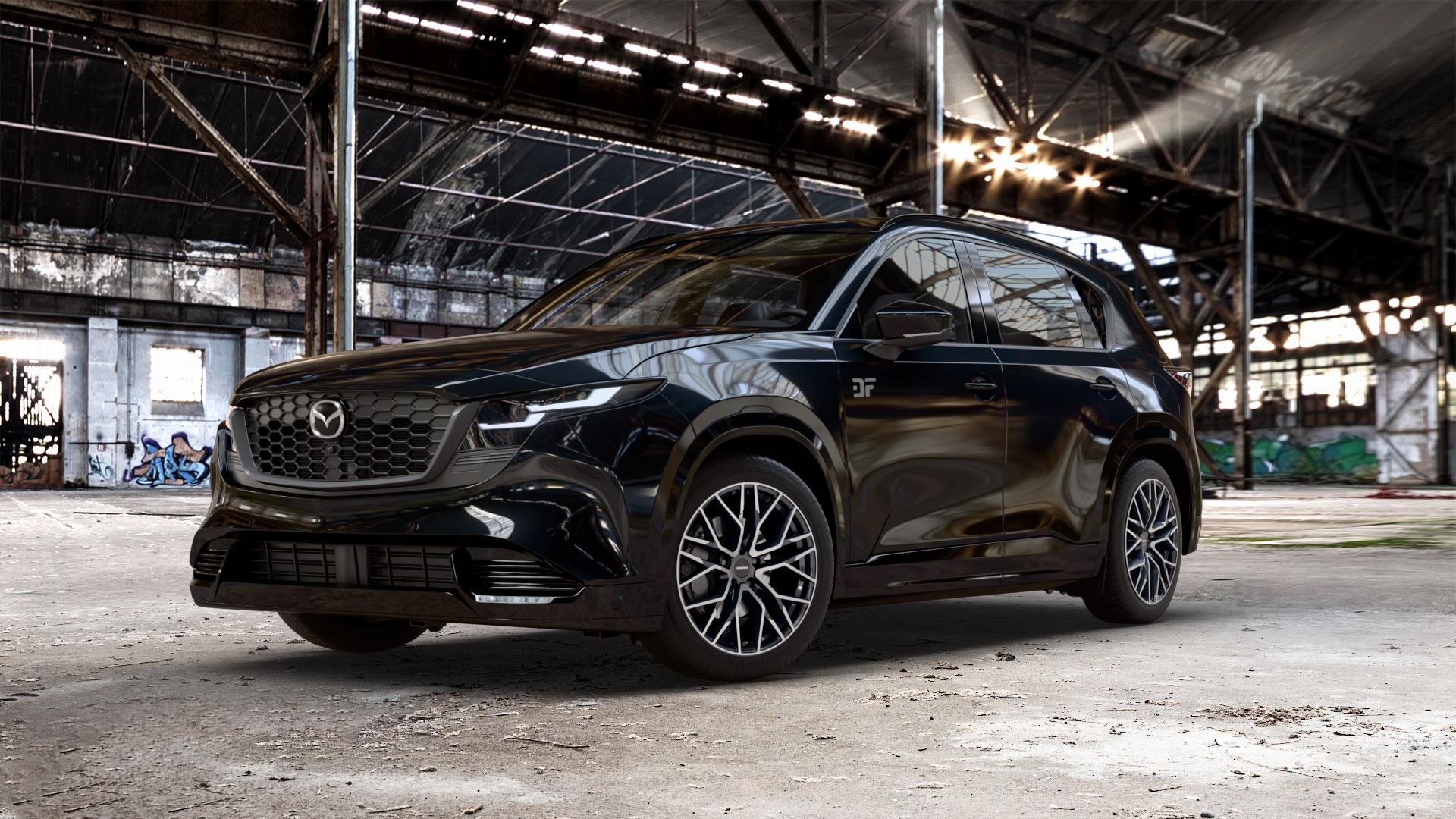 CARMANI 20 Ludwig black polish Felge mit Reifen schwarz in 19Zoll Winterfelge Alufelge auf metallic schwarzem Mazda CX-5 Typ KM01 CX ⬇️ mit 15mm Tieferlegung ⬇️ Old Industrial Hall_max_5300mm_2024 Frontansicht_1