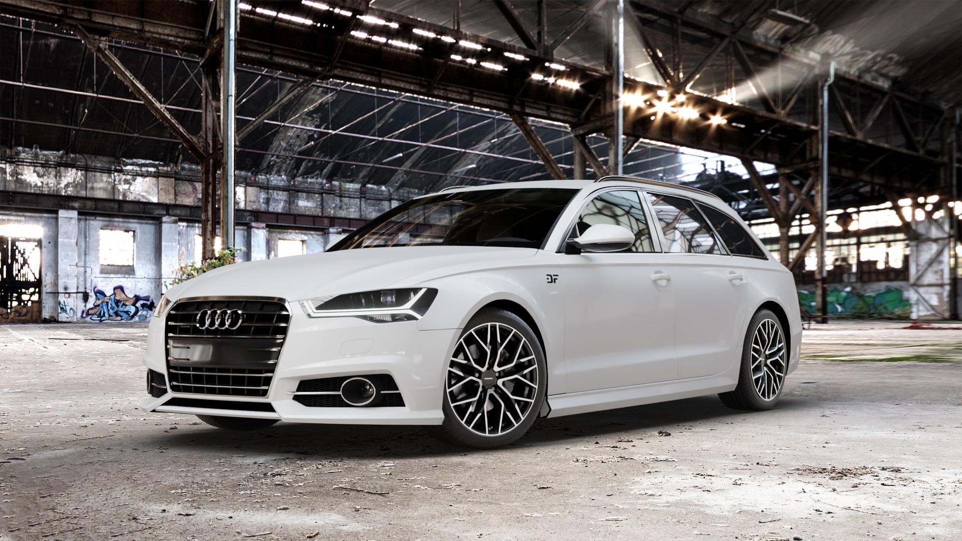 CARMANI 20 Ludwig black polish Felge mit Reifen schwarz in 19Zoll Winterfelge Alufelge auf weissem Audi A6 Typ 4G/C7 (Avant) Facelift ⬇️ mit 15mm Tieferlegung ⬇️ Old Industrial Hall_max_5300mm_2024 Frontansicht_1