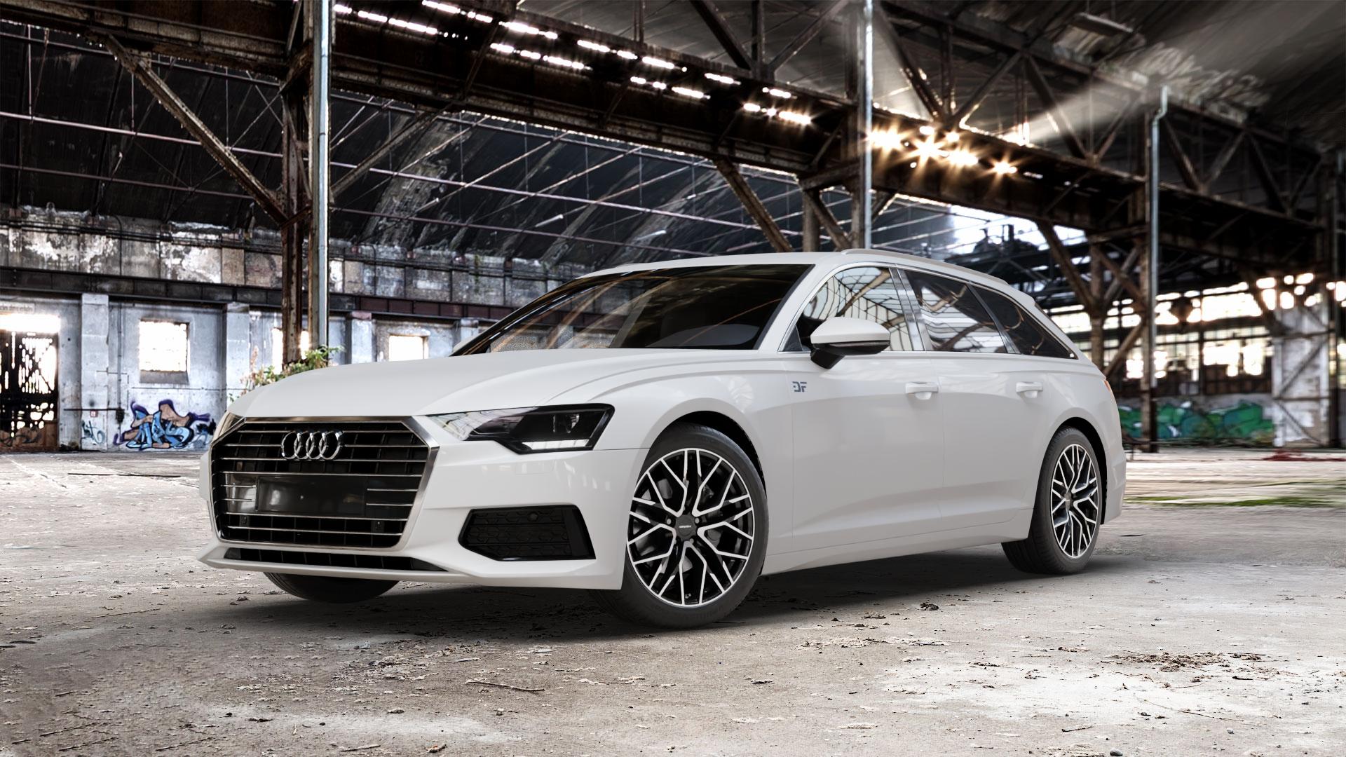 CARMANI 20 Ludwig black polish Felge mit Reifen schwarz in 19Zoll Winterfelge Alufelge auf weissem Audi A6 Typ F2/C8 (Avant) ⬇️ mit 15mm Tieferlegung ⬇️ Old Industrial Hall_max_5300mm_2024 Frontansicht_1