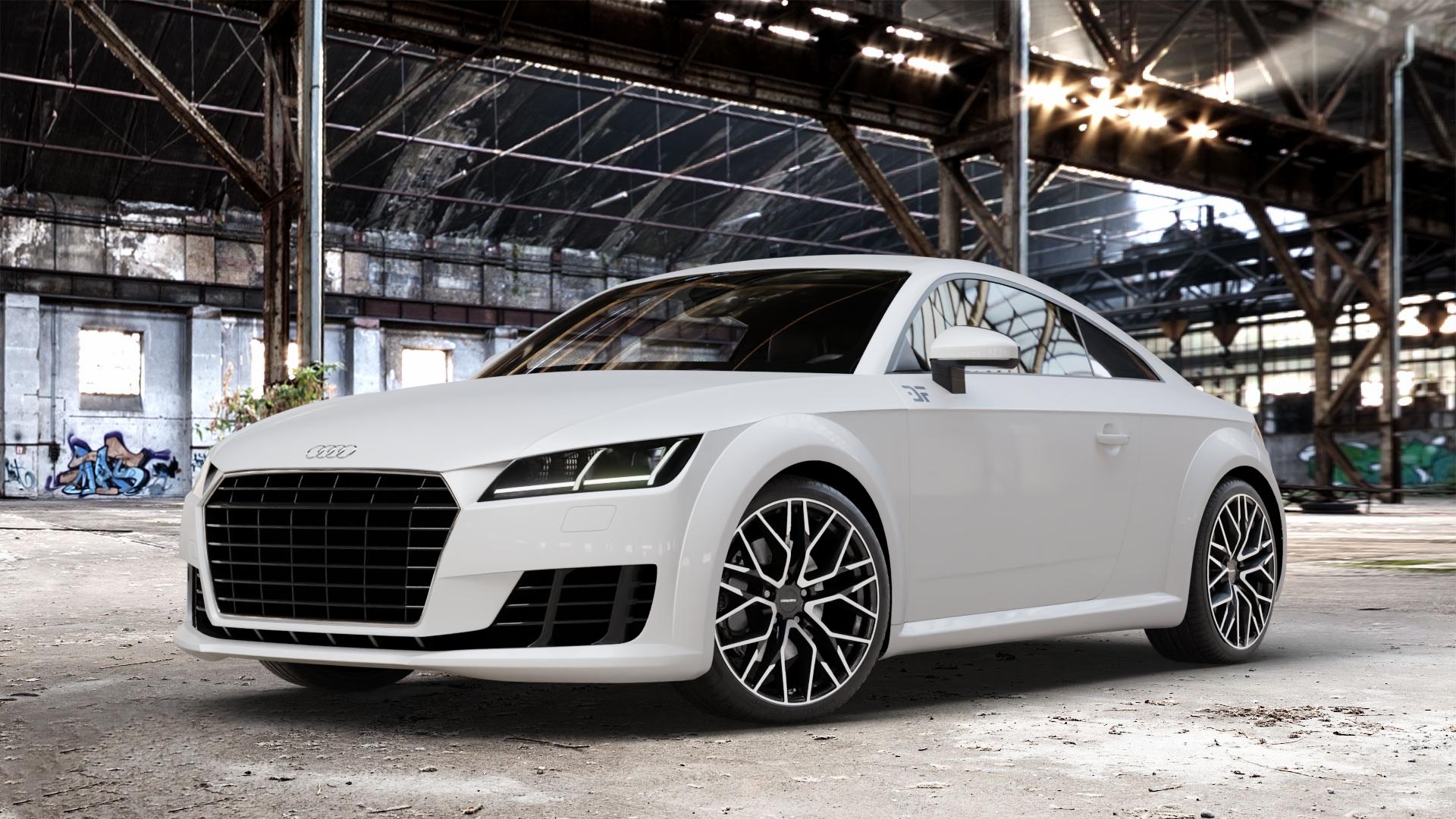 CARMANI 20 Ludwig black polish Felge mit Reifen schwarz in 19Zoll Winterfelge Alufelge auf weissem Audi TT III Typ 8S (Coupé) (Roadster) ⬇️ mit 15mm Tieferlegung ⬇️ Old Industrial Hall_max_4400mm_2024 Frontansicht_1