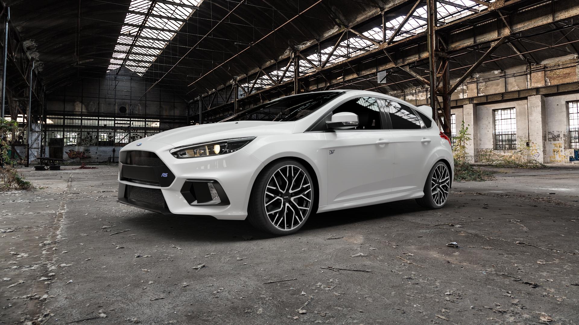 CARMANI 20 Ludwig black polish Felge mit Reifen schwarz in 19Zoll Winterfelge Alufelge auf weissem Ford Focus III Typ DYB Facelift (Schrägheck) 2,3l EcoBoost 257kW RS (349 PS) ⬇️ mit 15mm Tieferlegung ⬇️ Old Industrial Hall_max5000mm_2022 Frontansicht_1