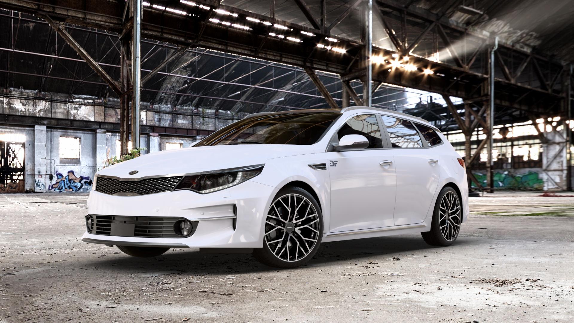CARMANI 20 Ludwig black polish Felge mit Reifen schwarz in 19Zoll Winterfelge Alufelge auf weissem Kia Optima SW Typ JF ⬇️ mit 15mm Tieferlegung ⬇️ Old Industrial Hall_max_5300mm_2024 Frontansicht_1