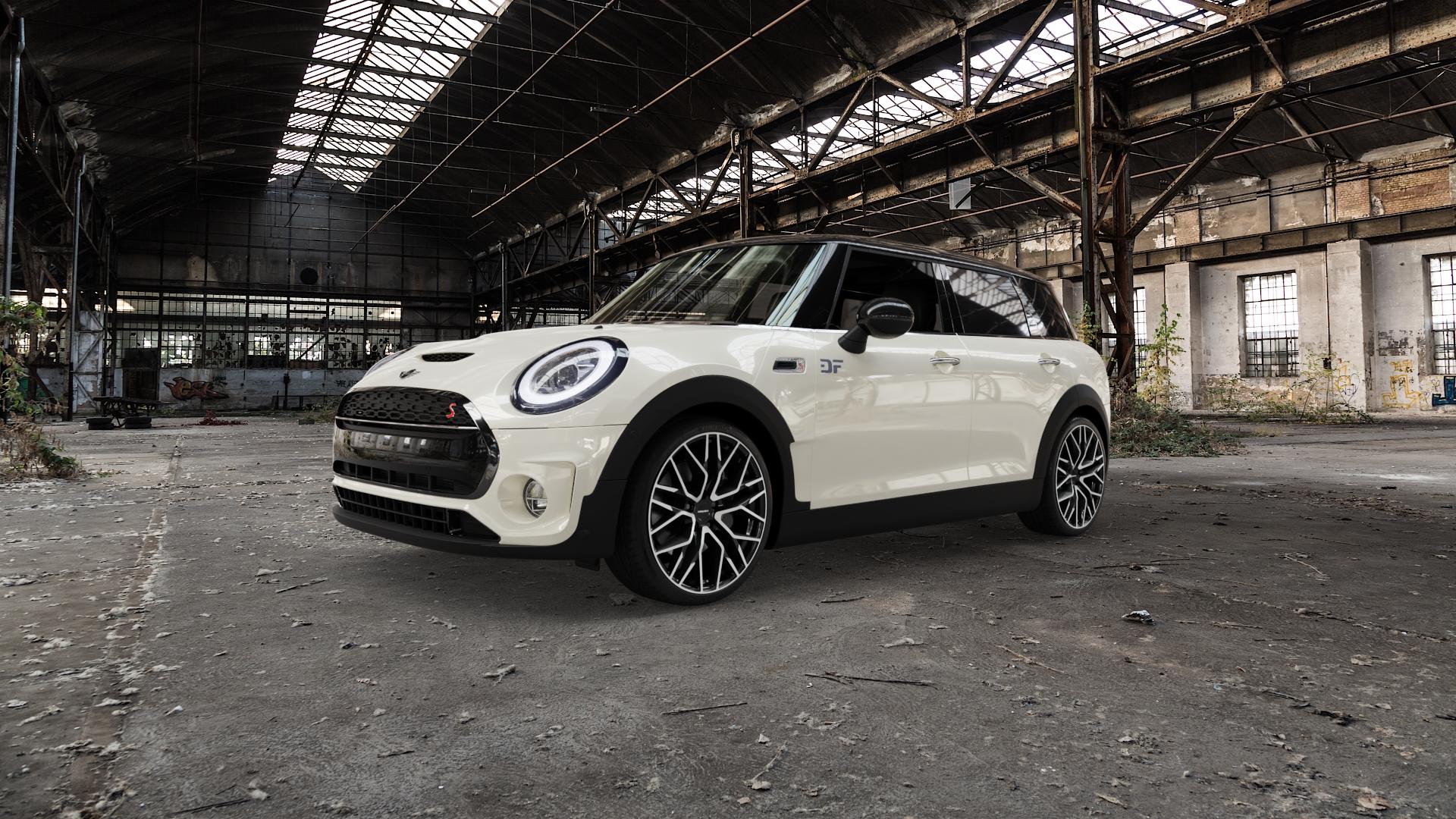 CARMANI 20 Ludwig black polish Felge mit Reifen schwarz in 19Zoll Winterfelge Alufelge auf weissem Mini F54 Typ FMK (Clubman) Facelift ⬇️ mit 15mm Tieferlegung ⬇️ Old Industrial Hall_max5000mm_2022 Frontansicht_1