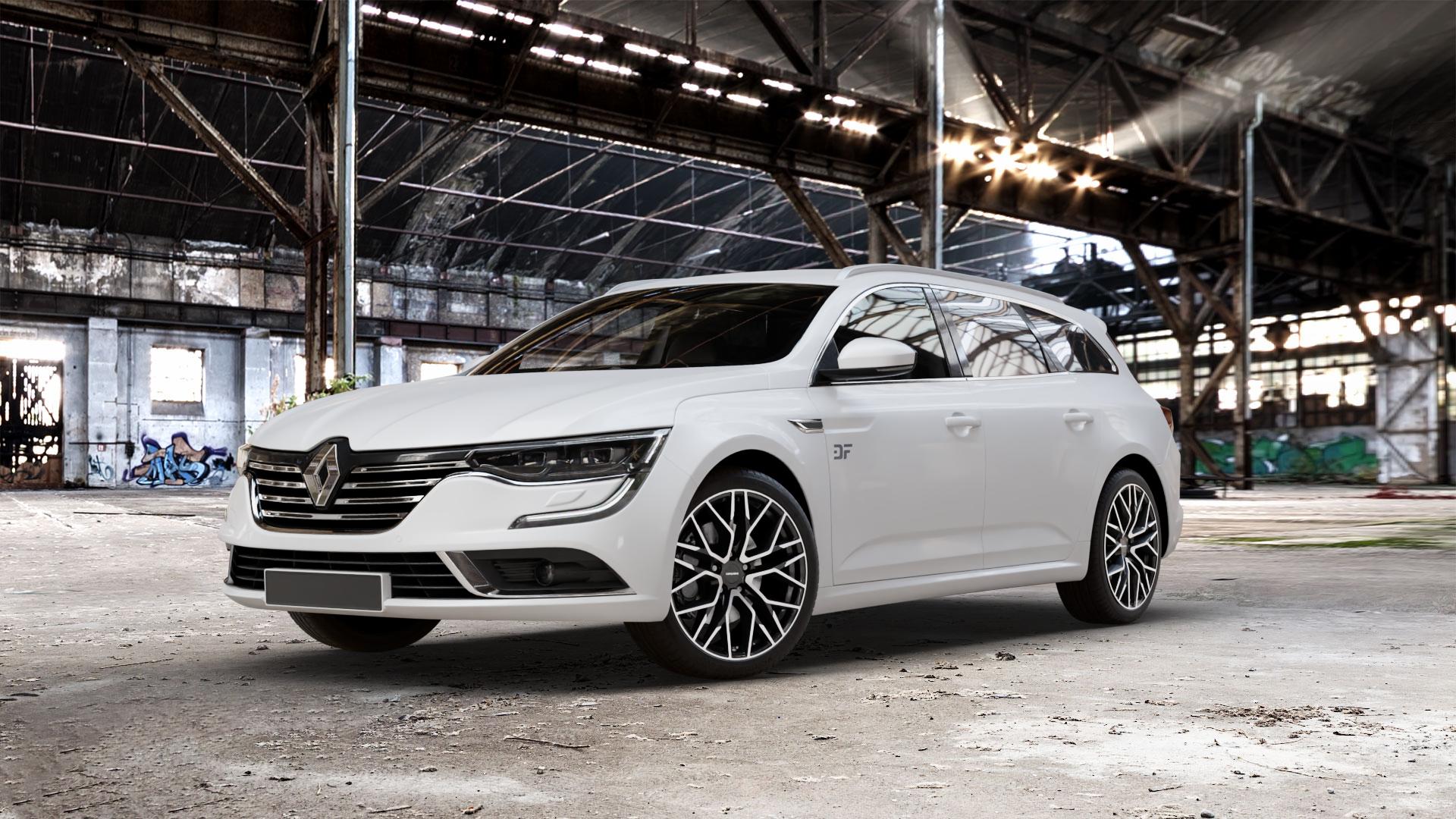 CARMANI 20 Ludwig black polish Felge mit Reifen schwarz in 19Zoll Winterfelge Alufelge auf weissem Renault Talisman Grandtour Typ RFD ⬇️ mit 15mm Tieferlegung ⬇️ Old Industrial Hall_max_5300mm_2024 Frontansicht_1