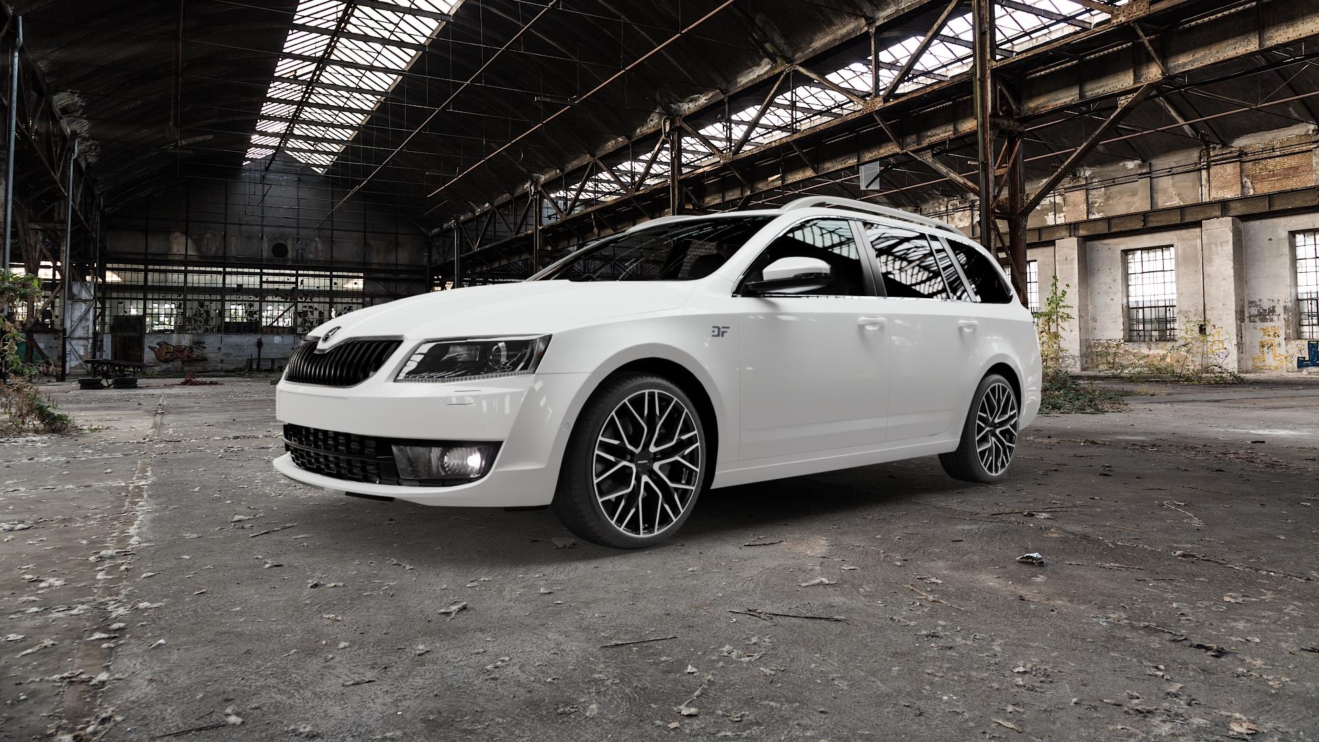 CARMANI 20 Ludwig black polish Felge mit Reifen schwarz in 19Zoll Winterfelge Alufelge auf weissem Skoda Octavia III Kombi Typ 5E ⬇️ mit 15mm Tieferlegung ⬇️ Old Industrial Hall_max5000mm_2022 Frontansicht_1