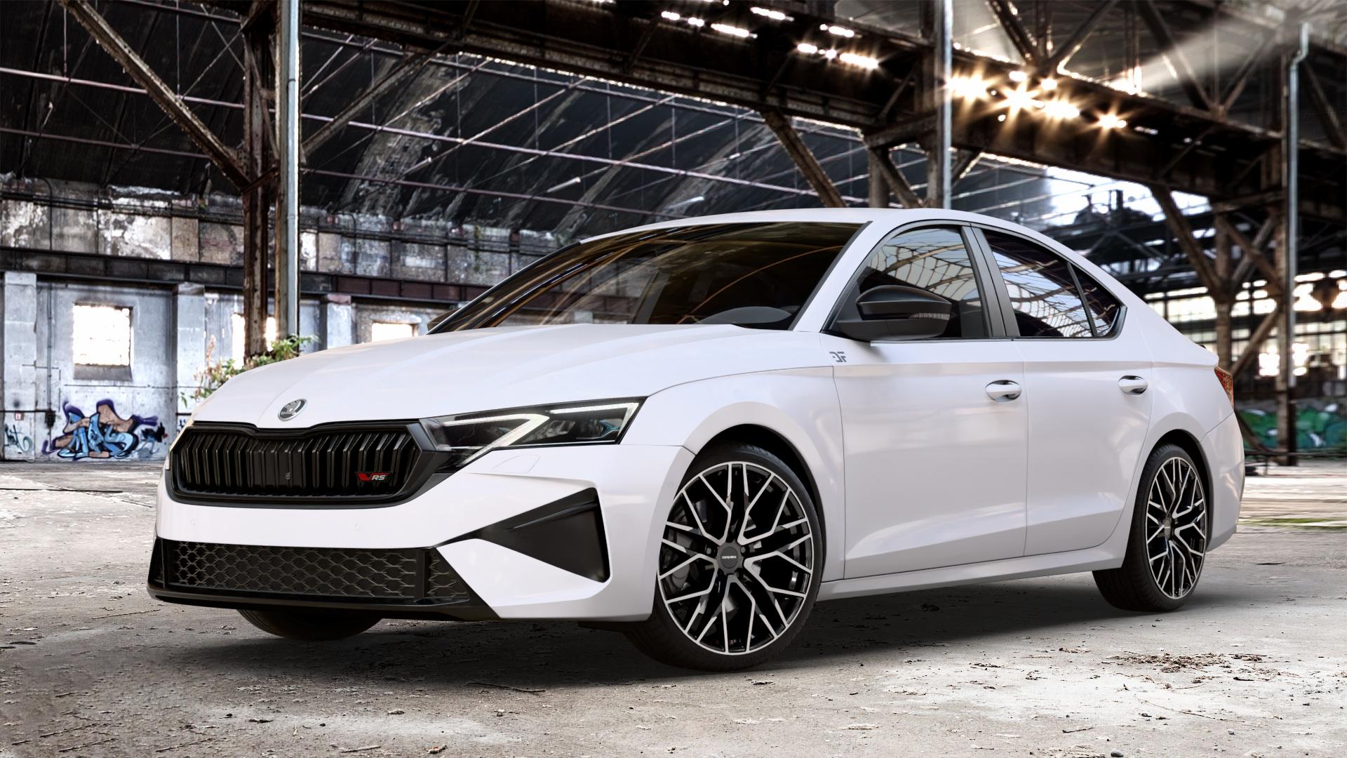 CARMANI 20 Ludwig black polish Felge mit Reifen schwarz in 19Zoll Winterfelge Alufelge auf weissem Skoda Octavia IV Limousine Typ NX Facelift 2,0l TSI 195kW RS (265 PS) ⬇️ mit 15mm Tieferlegung ⬇️ Old Industrial Hall_max_4400mm_2024 Frontansicht_1