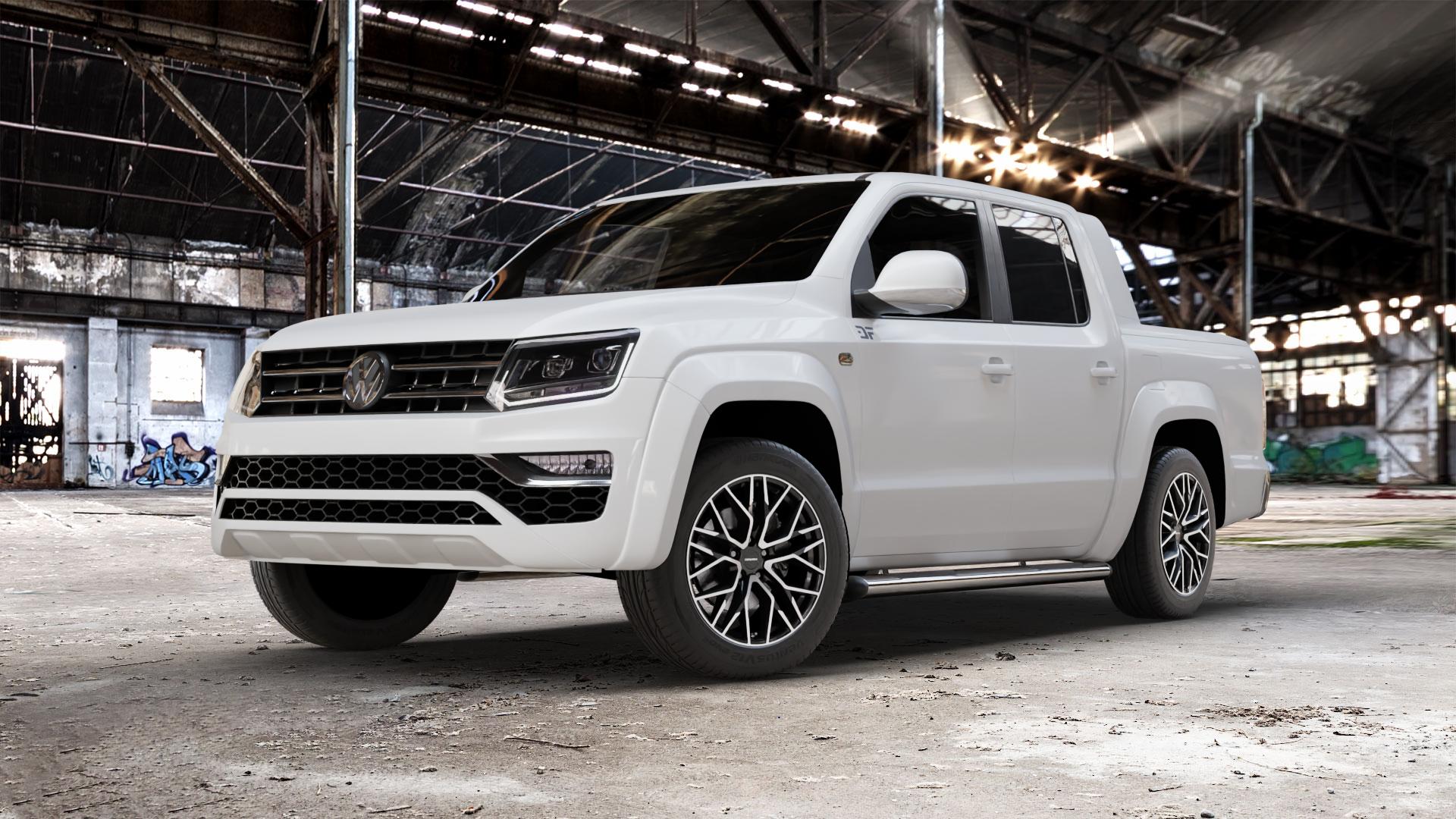 CARMANI 20 Ludwig black polish Felge mit Reifen schwarz in 19Zoll Winterfelge Alufelge auf weissem Volkswagen (VW) Amarok I Typ 2H Facelift ⬇️ mit 15mm Tieferlegung ⬇️ Old Industrial Hall_max_5300mm_2024 Frontansicht_1