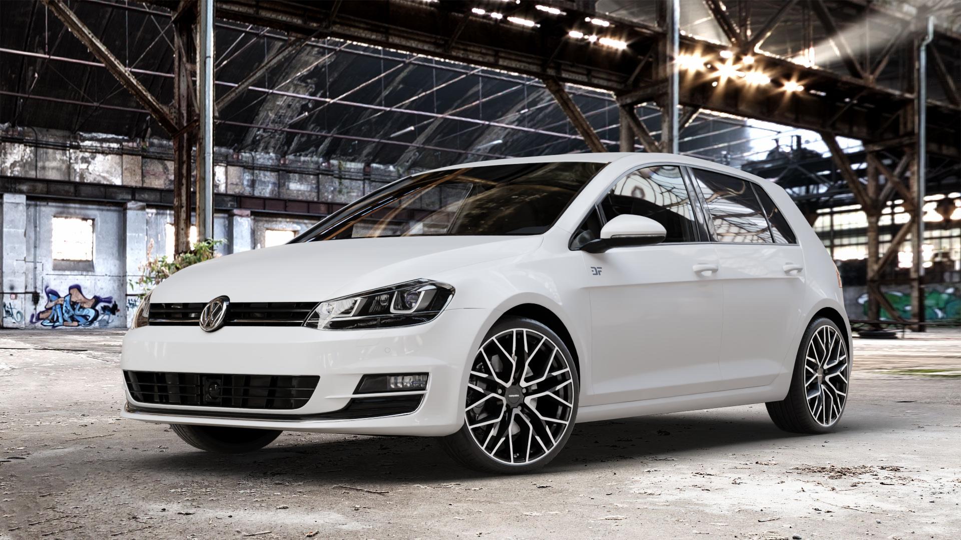 CARMANI 20 Ludwig black polish Felge mit Reifen schwarz in 19Zoll Winterfelge Alufelge auf weissem Volkswagen (VW) Golf 7 ⬇️ mit 15mm Tieferlegung ⬇️ Old Industrial Hall_max_4400mm_2024 Frontansicht_1
