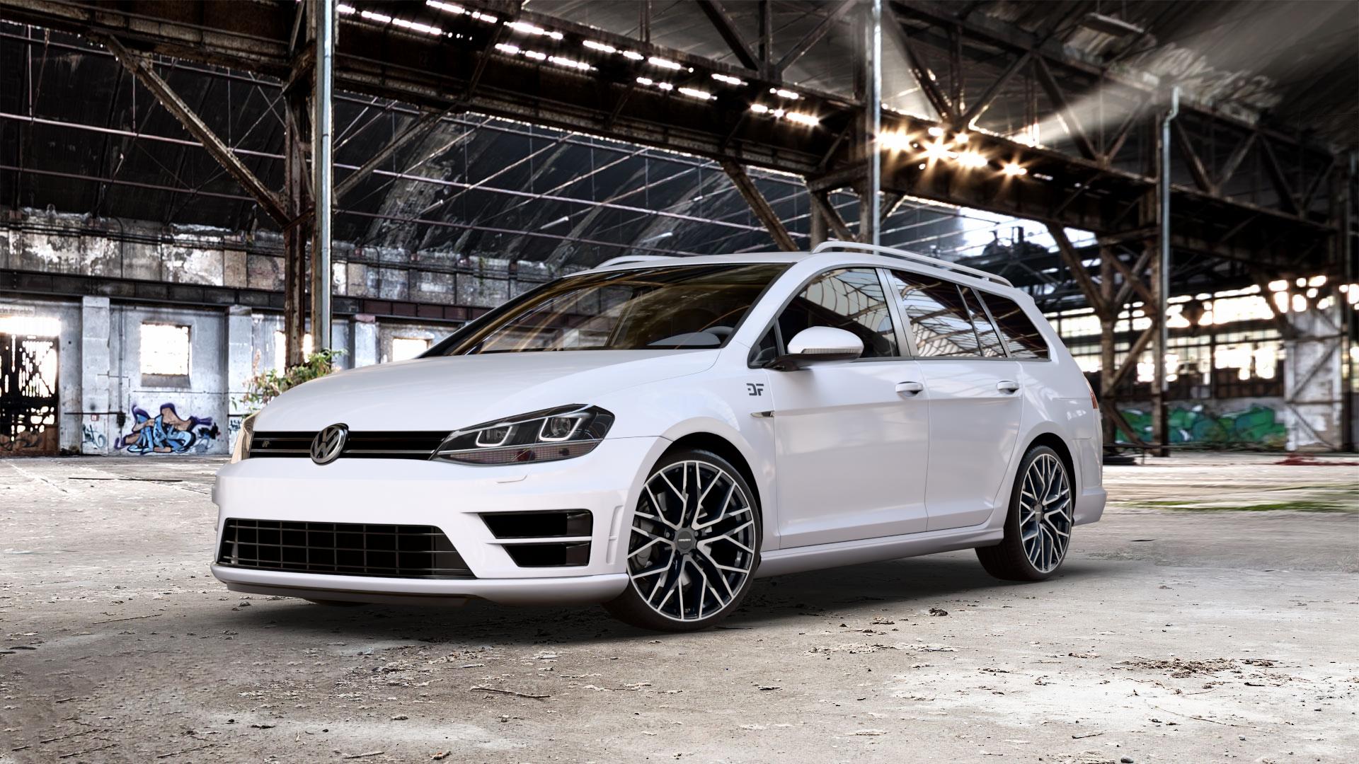 CARMANI 20 Ludwig black polish Felge mit Reifen schwarz in 19Zoll Winterfelge Alufelge auf weissem Volkswagen (VW) Golf 7 Variant 2,0l R 4Motion 221kW (300 PS) Facelift 213kW (290 228kW (310 ⬇️ mit 15mm Tieferlegung ⬇️ Old Industrial Hall_max_5300mm_2024 Frontansicht_1