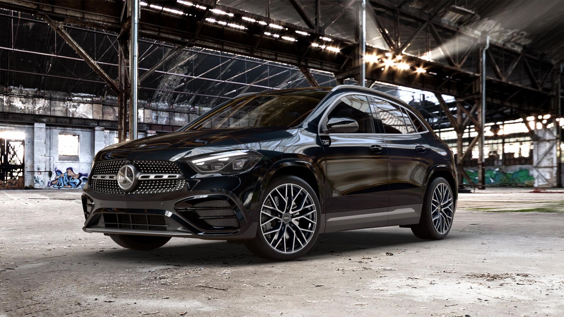 CARMANI 20 Ludwig black polish Felge mit Reifen schwarz in 20Zoll Winterfelge Alufelge auf schwarzem metallic Mercedes GLA-Klasse Typ F2B Facelift ⬇️ mit 15mm Tieferlegung ⬇️ Old Industrial Hall_max_5300mm_2024 Frontansicht_1