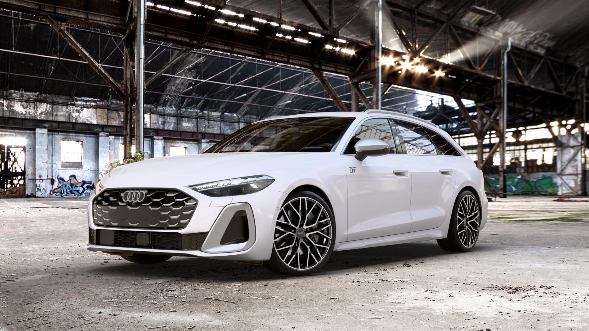 CARMANI 20 Ludwig black polish Felge mit Reifen schwarz in 20Zoll Winterfelge Alufelge auf weissem Audi A5 Typ B10 (Avant) 3,0l S5 270kW Mild-Hybrid (367 PS) ⬇️ mit 15mm Tieferlegung ⬇️ Old Industrial Hall_max_5300mm_2024 Frontansicht_1