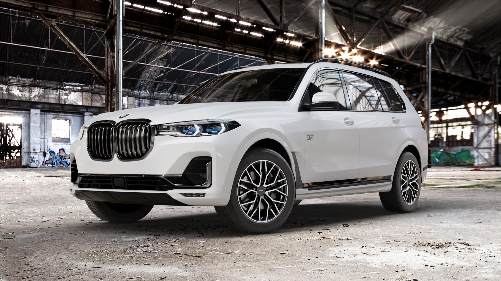 CARMANI 20 Ludwig black polish Felge mit Reifen schwarz in 20Zoll Winterfelge Alufelge auf weissem BMW X7 Typ G07 (G7X) ⬇️ mit 15mm Tieferlegung ⬇️ Old Industrial Hall_max_5300mm_2024 Frontansicht_1