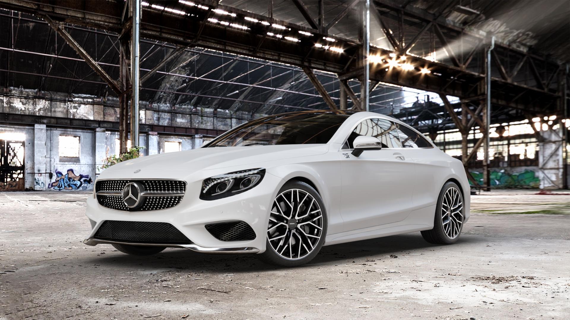 CARMANI 20 Ludwig black polish Felge mit Reifen schwarz in 20Zoll Winterfelge Alufelge auf weissem Mercedes S-Klasse Typ C217 Facelift Coupe ⬇️ mit 15mm Tieferlegung ⬇️ Old Industrial Hall_max_5300mm_2024 Frontansicht_1