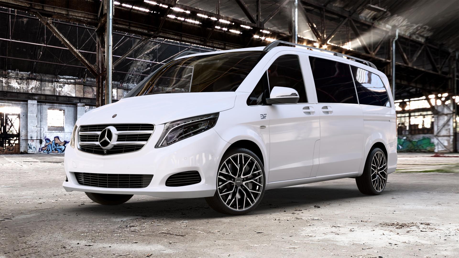 CARMANI 20 Ludwig black polish Felge mit Reifen schwarz in 20Zoll Winterfelge Alufelge auf weissem Mercedes V-Klasse Typ W447 Vito Kasten Mixto Tourer Marco Polo ⬇️ mit 15mm Tieferlegung ⬇️ Old Industrial Hall_max_5300mm_2024 Frontansicht_1