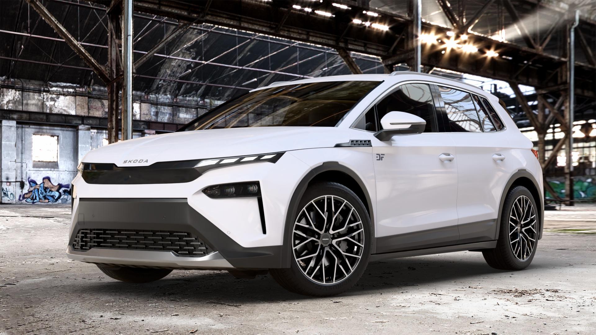 CARMANI 20 Ludwig black polish Felge mit Reifen schwarz in 20Zoll Winterfelge Alufelge auf weissem Skoda Elroq Typ NY 0,0l 89kW 85 (121 PS) 70kW 60 (95 50 ⬇️ mit 15mm Tieferlegung ⬇️ Old Industrial Hall_max_4400mm_2024 Frontansicht_1
