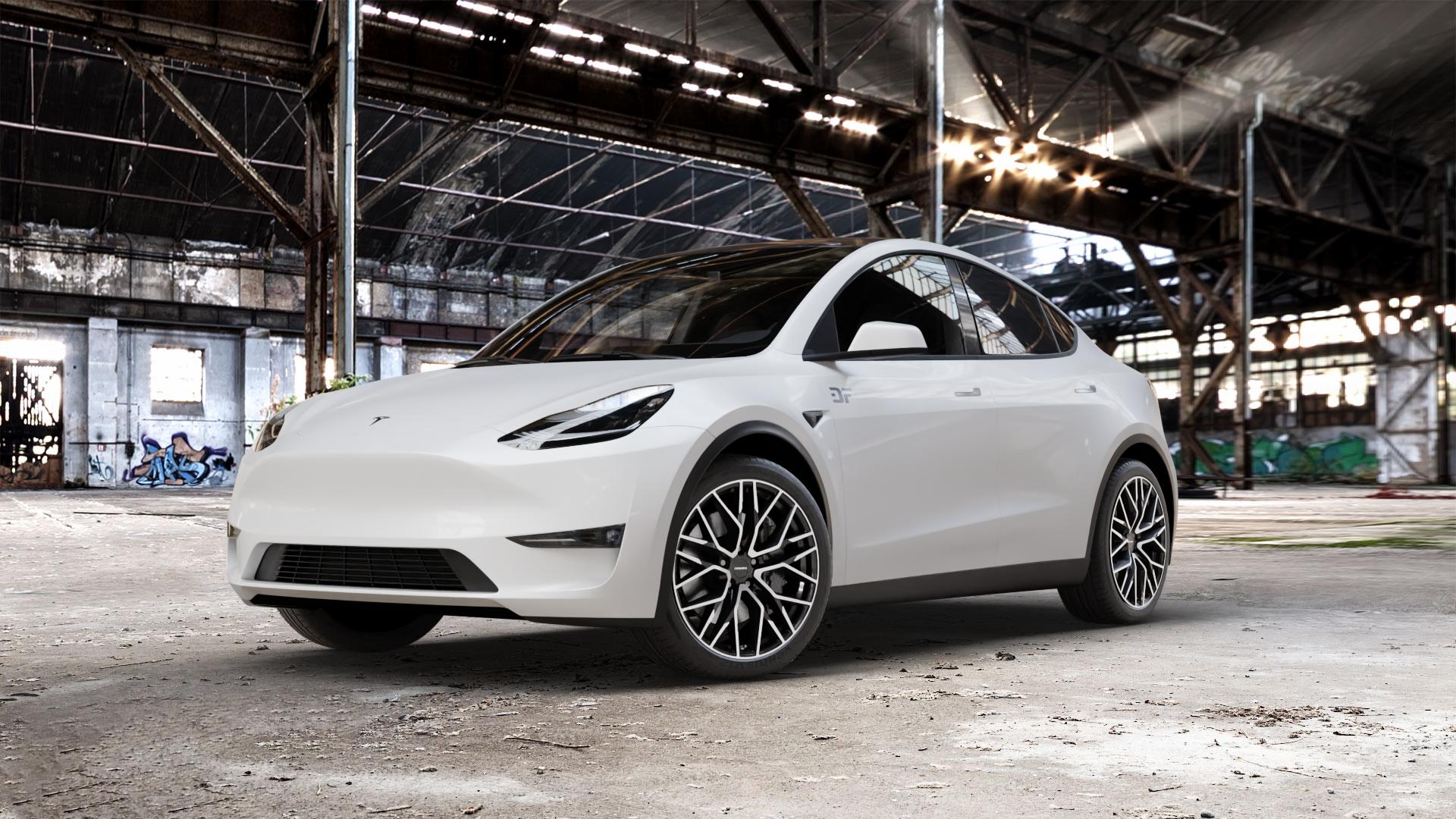 CARMANI 20 Ludwig black polish Felge mit Reifen schwarz in 20Zoll Winterfelge Alufelge auf weissem Tesla Model Y Typ 003 003/005 ⬇️ mit 15mm Tieferlegung ⬇️ Old Industrial Hall_max_5300mm_2024 Frontansicht_1