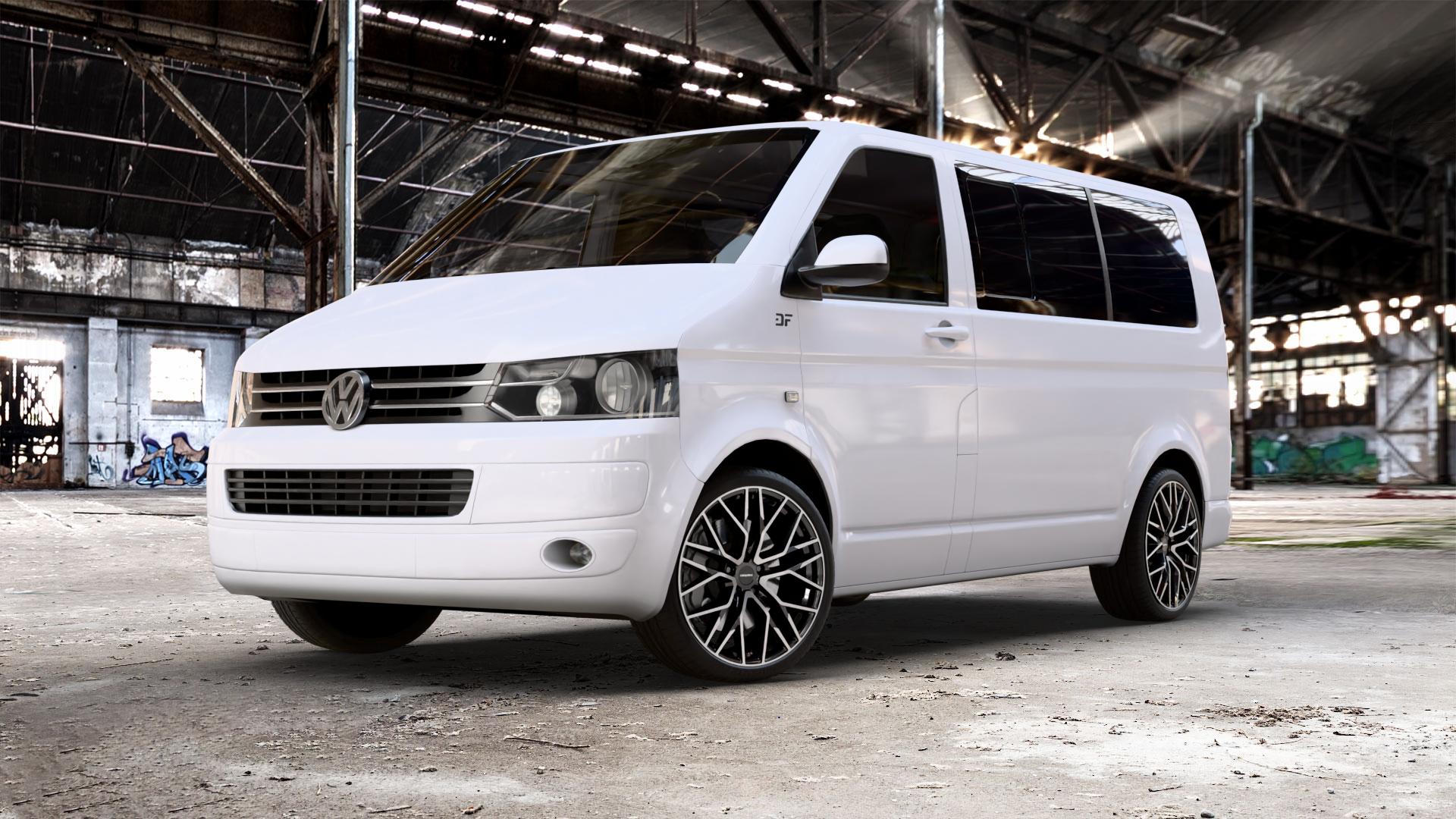 CARMANI 20 Ludwig black polish Felge mit Reifen schwarz in 20Zoll Winterfelge Alufelge auf weissem Volkswagen (VW) T5 Caravelle 2,0l TDI 62kW (84 PS) 84kW (114 103kW (140 75kW (102 100kW (136 132kW (179 TSI 150kW (204 110kW (150 4Motion Kombi Multivan ⬇️ mit 15mm Tieferlegung ⬇️ Old Industrial Hall_max_5300mm_2024 Frontansicht_1