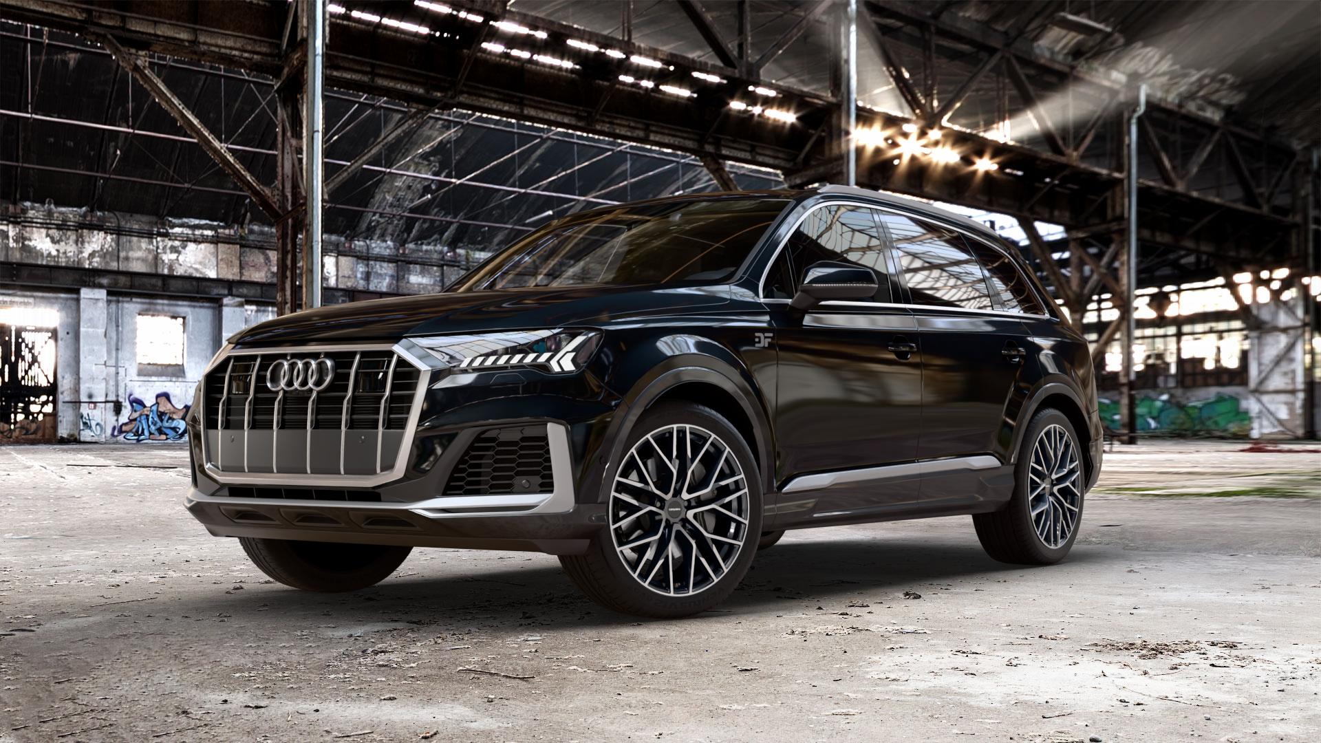 CARMANI 20 Ludwig black polish Felge mit Reifen schwarz in 21Zoll Winterfelge Alufelge auf metallic schwarzem Audi Q7 II Typ 4M (4L) Facelift 19-> ⬇️ mit 15mm Tieferlegung ⬇️ Old Industrial Hall_max_5300mm_2024 Frontansicht_1