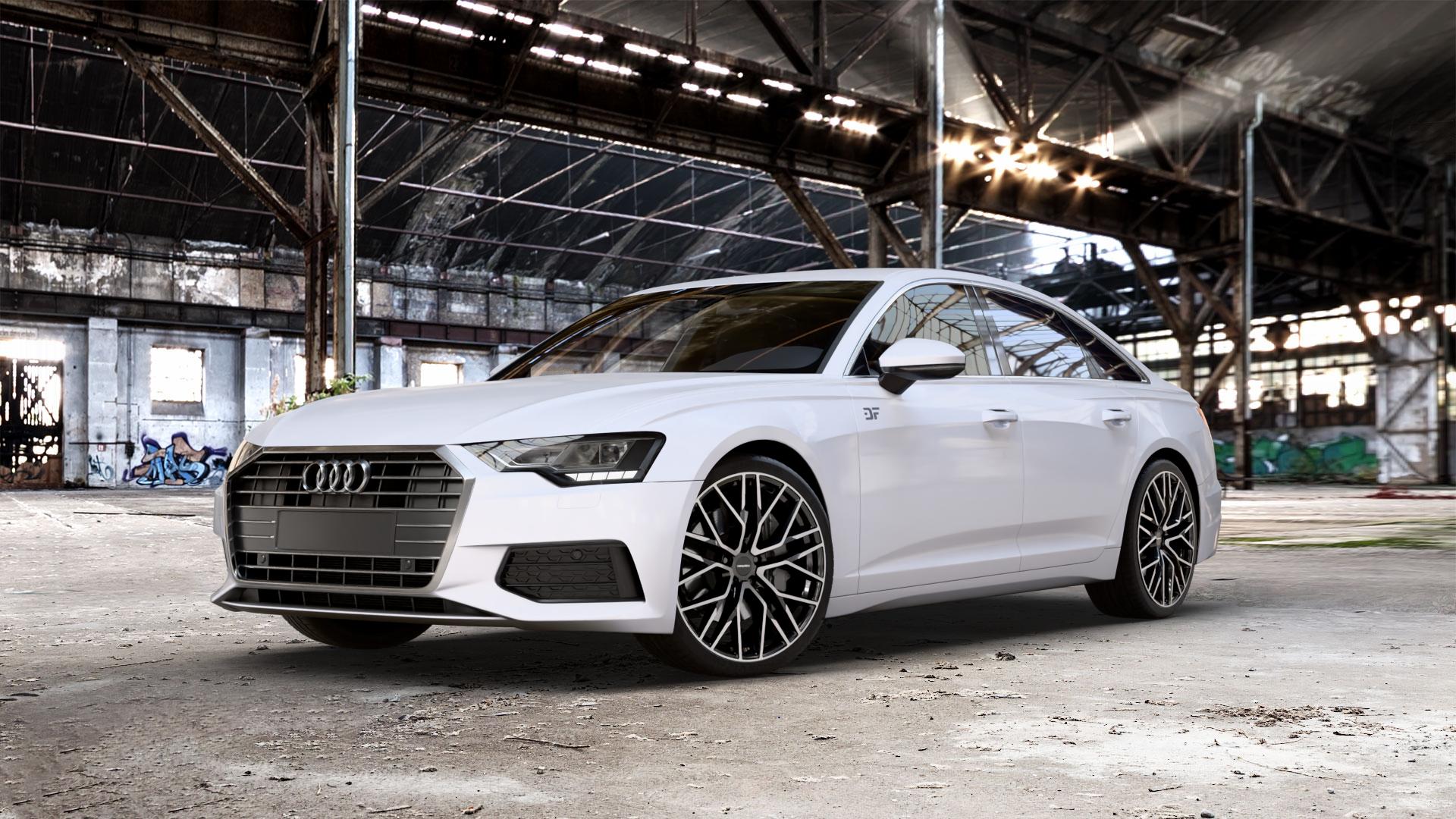 CARMANI 20 Ludwig black polish Felge mit Reifen schwarz in 21Zoll Winterfelge Alufelge auf weissem Audi A6 Typ F2/C8 (Limousine) ⬇️ mit 15mm Tieferlegung ⬇️ Old Industrial Hall_max_5300mm_2024 Frontansicht_1