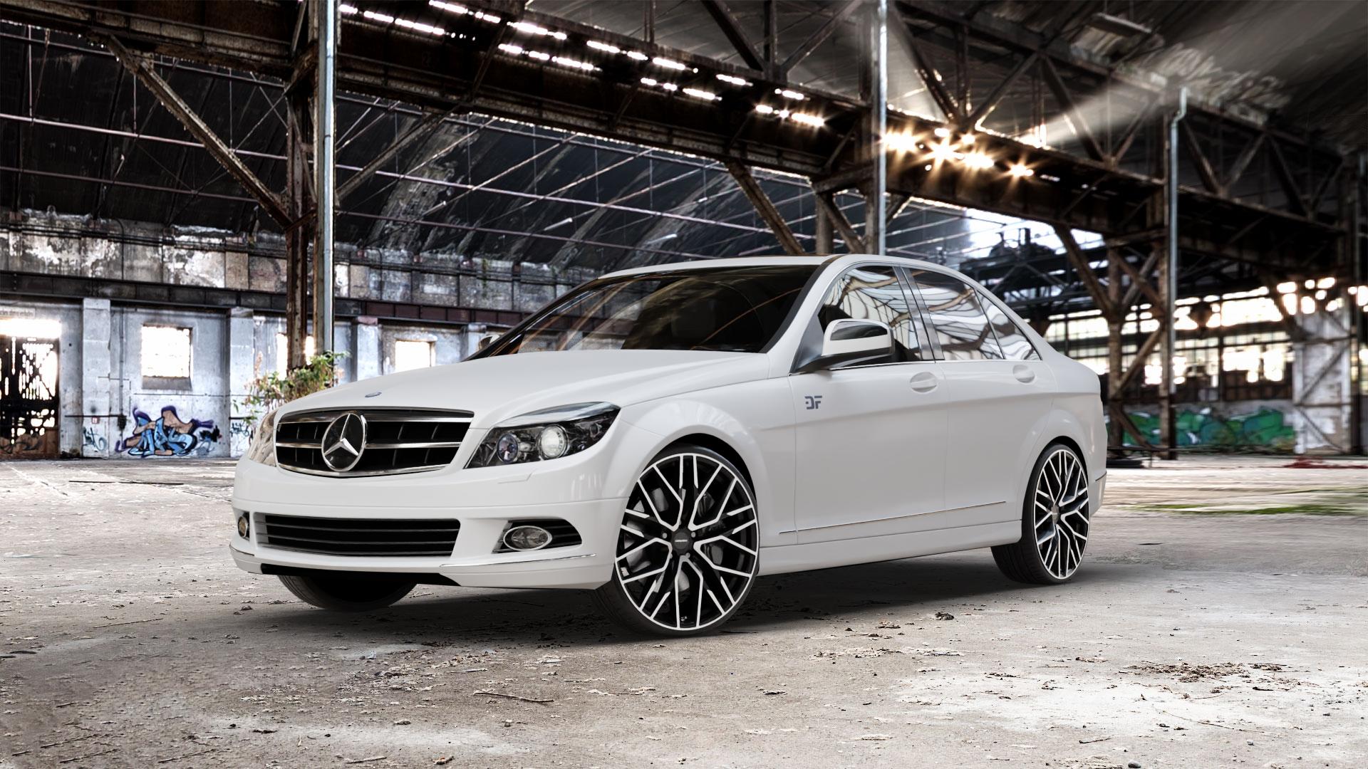CARMANI 20 Ludwig black polish Felge mit Reifen schwarz in 21Zoll Winterfelge Alufelge auf weissem Mercedes C-Klasse Typ W204 Limousine ⬇️ mit 15mm Tieferlegung ⬇️ Old Industrial Hall_max_5300mm_2024 Frontansicht_1