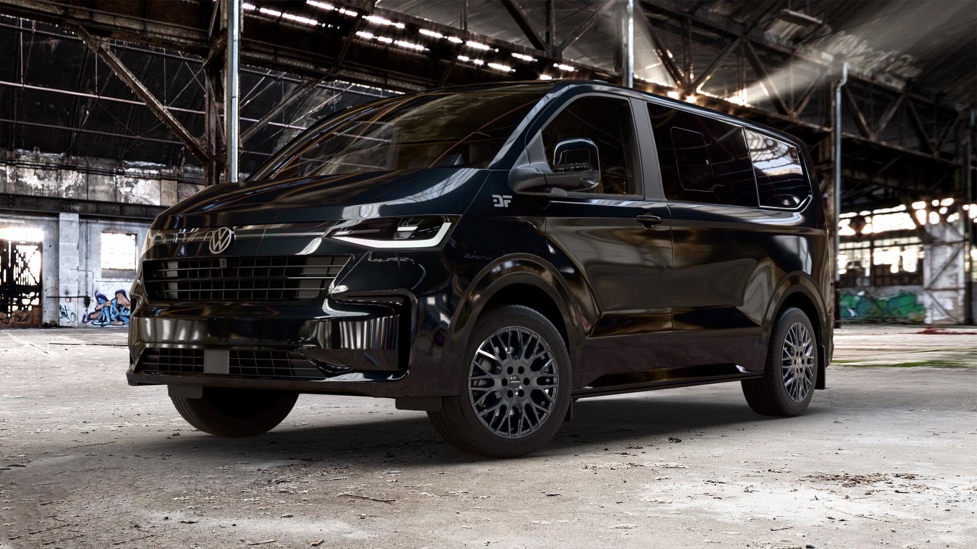 CARMANI 20 Ludwig High Load 6 Loch black Felge mit Reifen schwarz in 18Zoll Winterfelge Alufelge auf schwarzem Volkswagen (VW) T7 Caravelle ⬇️ mit 15mm Tieferlegung ⬇️ Old Industrial Hall_max_5300mm_2024 Frontansicht_1