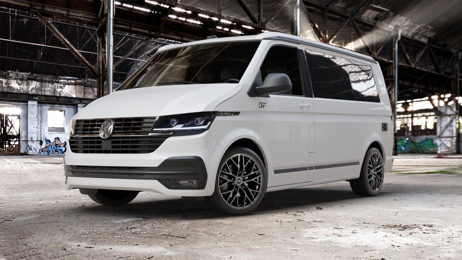CARMANI 20 Ludwig hyper gun Felge mit Reifen silber anthrazit in 19Zoll Winterfelge Alufelge auf weissem Volkswagen (VW) T6.1 California Beach ⬇️ mit 15mm Tieferlegung ⬇️ Old Industrial Hall_max_5300mm_2024 Frontansicht_1