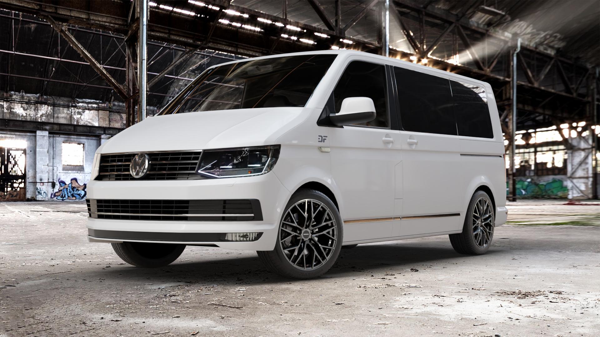 CARMANI 20 Ludwig hyper gun Felge mit Reifen silber anthrazit in 19Zoll Winterfelge Alufelge auf weissem Volkswagen (VW) T6 Kombi Multivan Caravelle ⬇️ mit 15mm Tieferlegung ⬇️ Old Industrial Hall_max_5300mm_2024 Frontansicht_1