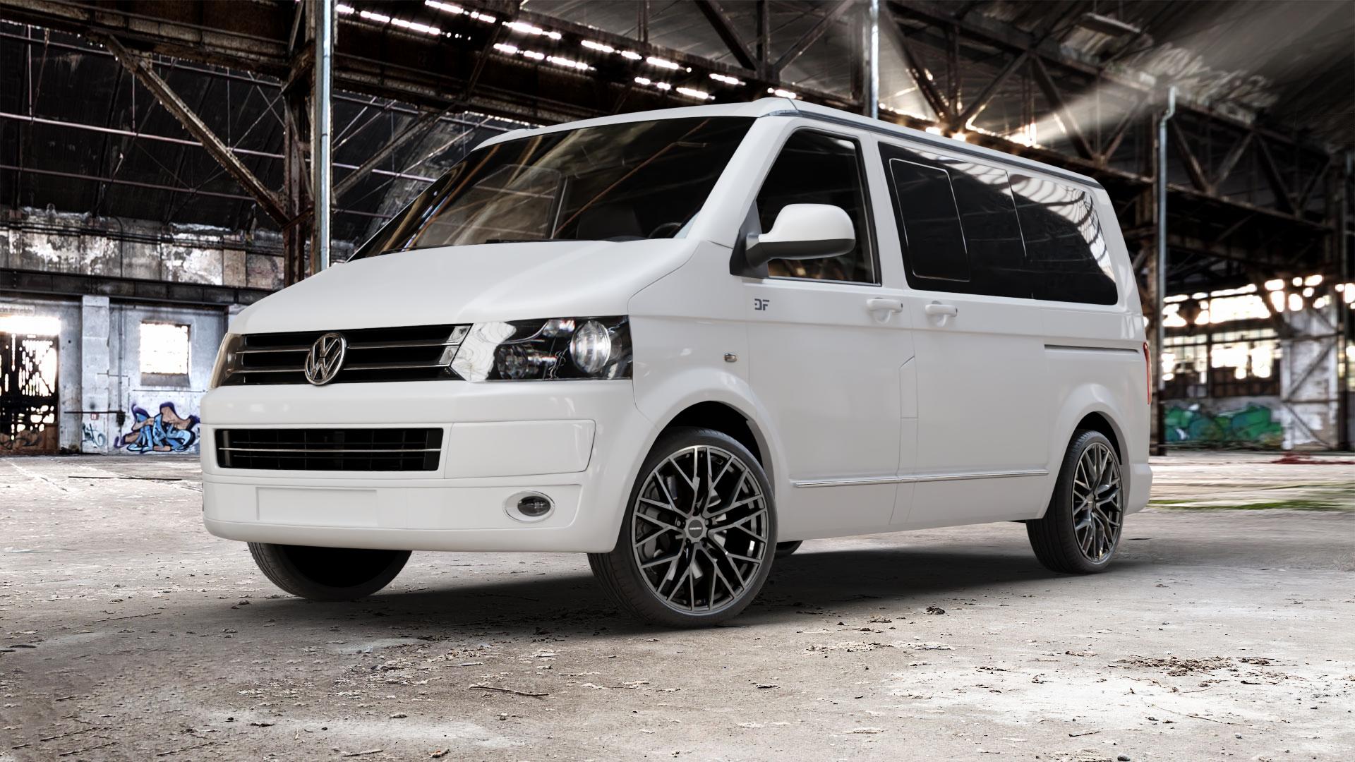 CARMANI 20 Ludwig hyper gun Felge mit Reifen silber anthrazit in 20Zoll Winterfelge Alufelge auf weissem Volkswagen (VW) T5 California ⬇️ mit 15mm Tieferlegung ⬇️ Old Industrial Hall_max_5300mm_2024 Frontansicht_1
