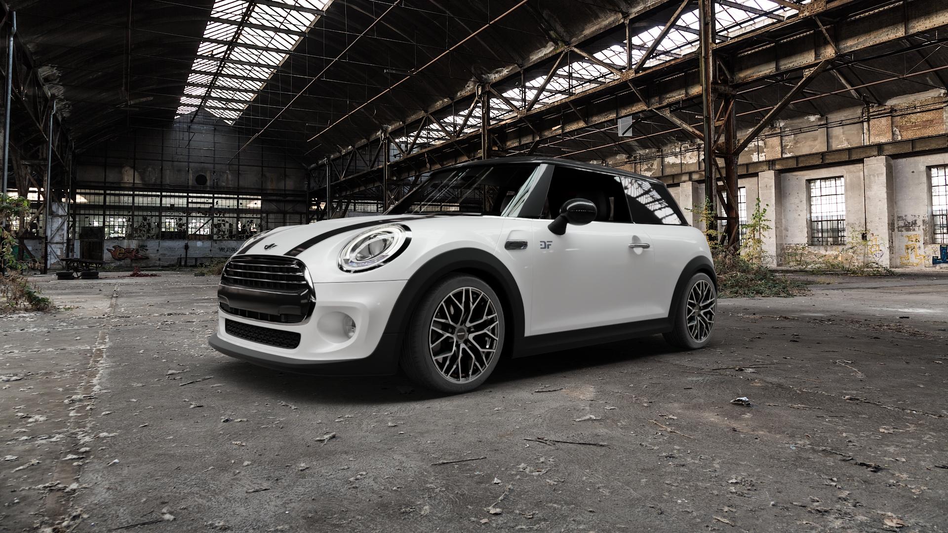 CARMANI 20 Ludwig hyper gun polish Felge mit Reifen silber anthrazit in 17Zoll Winterfelge Alufelge auf weissem Mini F56 Typ UKL-L (3-Türer Limousine) ⬇️ mit 15mm Tieferlegung ⬇️ Old Industrial Hall_max5000mm_2022 Frontansicht_1