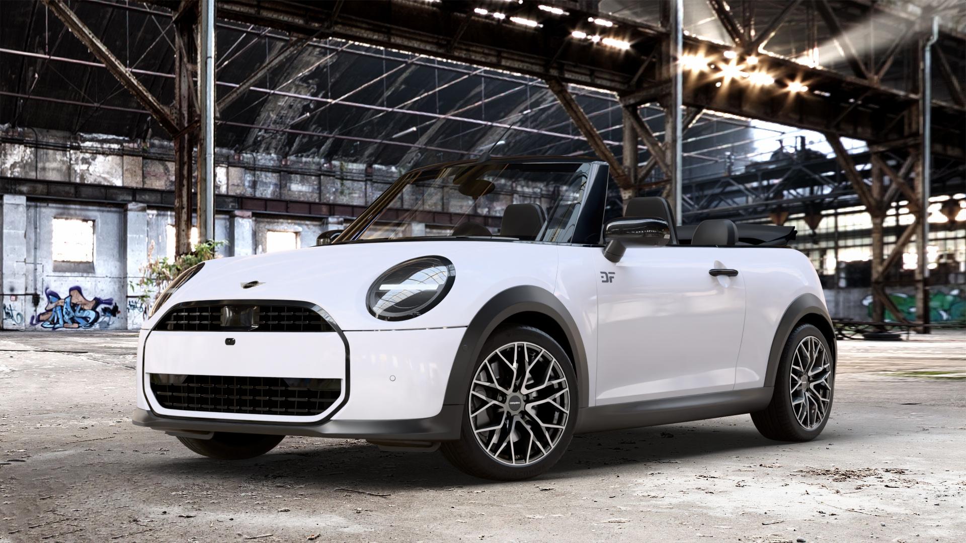 CARMANI 20 Ludwig hyper gun polish Felge mit Reifen silber anthrazit in 17Zoll Winterfelge Alufelge auf weissem Mini F67 Typ FM6 (Cabrio) 2,0l Cooper 120kW (163 PS) S 150kW (204 JCW 170kW (231 ⬇️ mit 15mm Tieferlegung ⬇️ Old Industrial Hall_max_4400mm_2024 Frontansicht_1